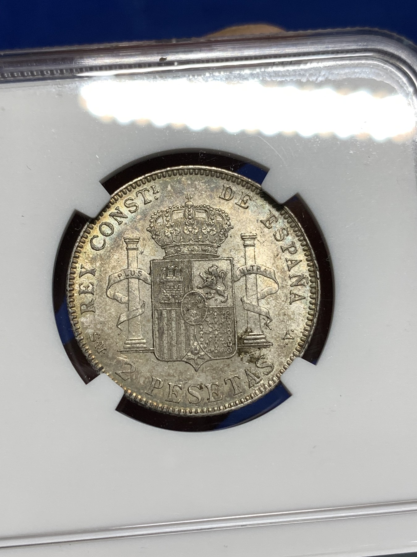 《竞宝斋》第221场-周日，周一 2场 (全场包邮) NGC-MS61 西班牙1905阿方索十三世2比塞塔银币