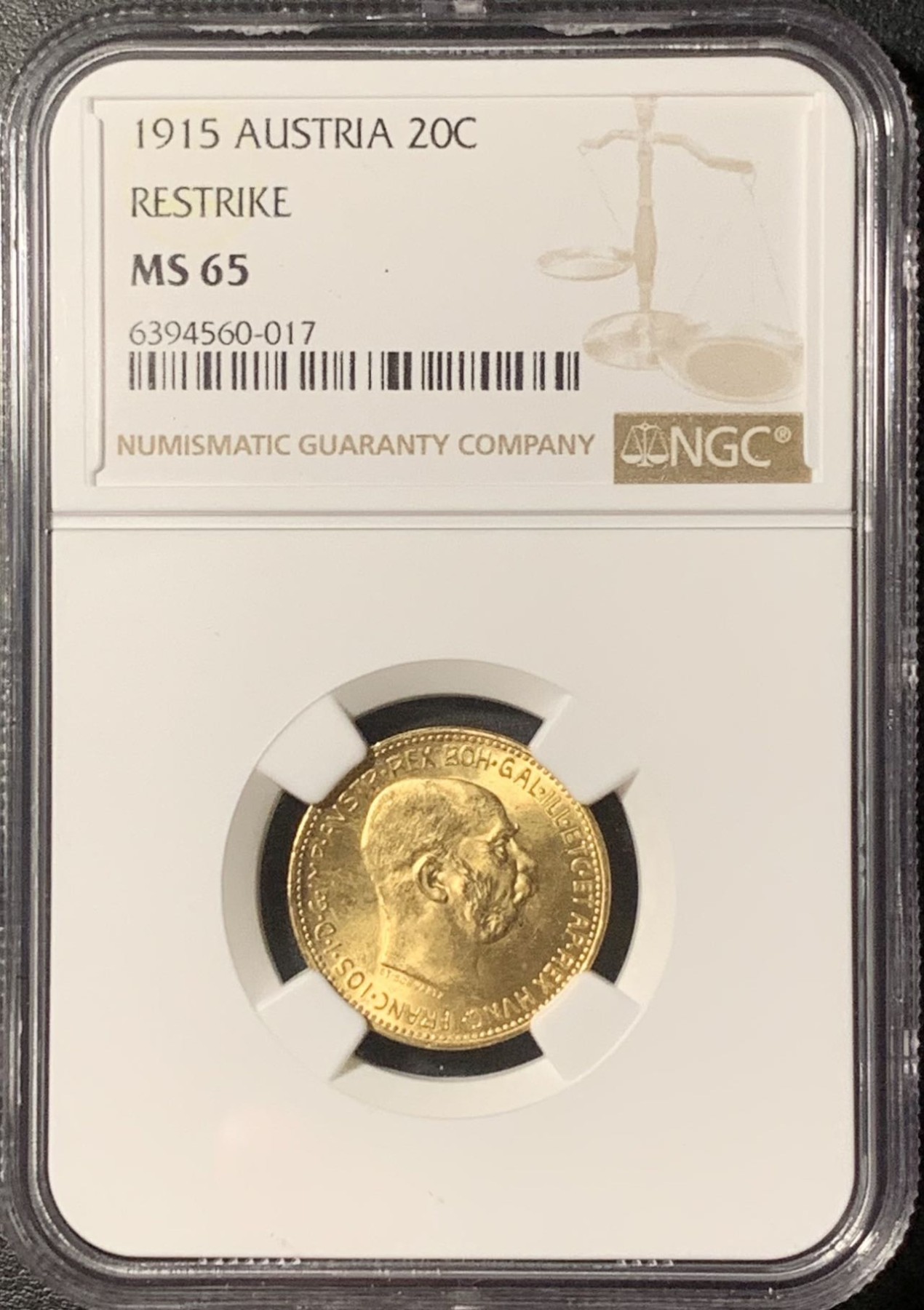 紫瑗钱币——第329期拍卖 奥地利 1915年 弗朗茨·约瑟夫二世 20克朗 金币 NGC MS65