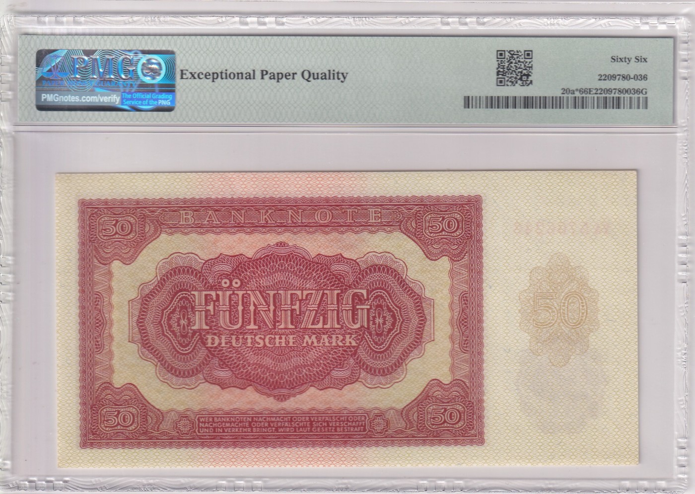 🌗乐淘淘世界纸币拍卖 第32期 🌓 【YA5706246】德国1955年纸币 50马克 稀少补号 亚军分