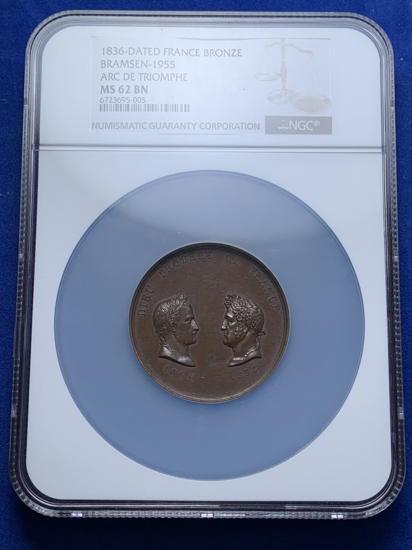 《竞宝斋》第221场-周日，周一 2场 (全场包邮) NGC MS62BN 法国1836凯旋门落成拿破仑头像铜章 加厚大盒