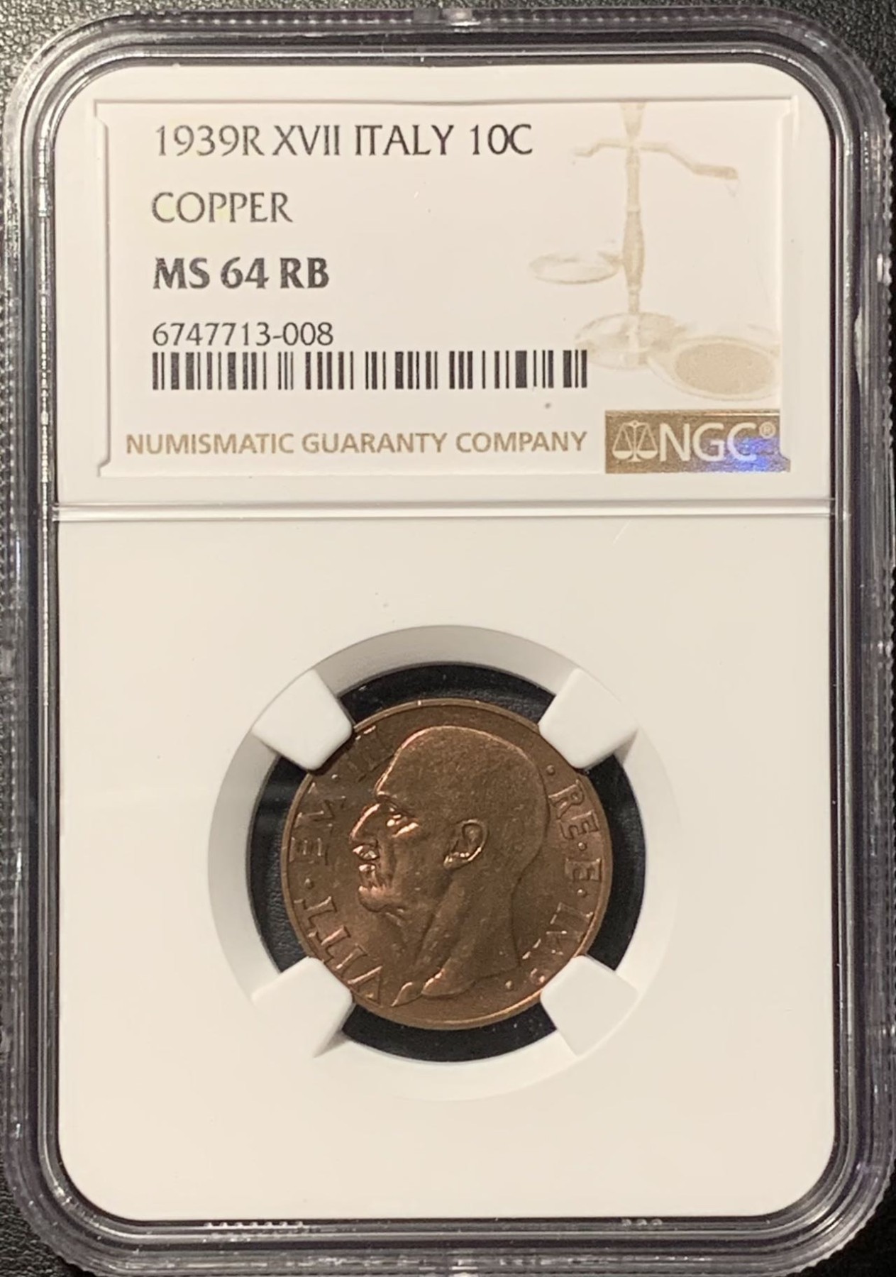 紫瑗钱币——第329期拍卖 意大利 1939年 伊曼纽埃三世 10分 铜币 NGC MS64 RB