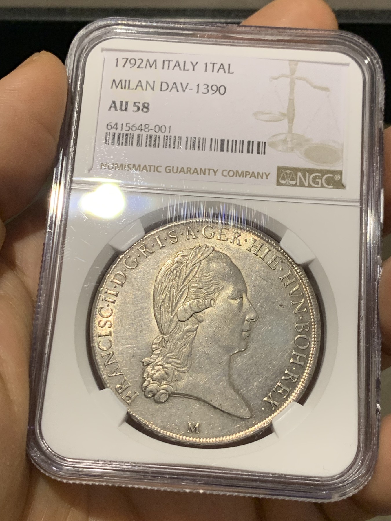 《竞宝斋》第221场-周日，周一 2场 (全场包邮) 唯一冠军分  NGC-AU58 1792M年 意大利 约瑟夫二世 1泰勒银币 米兰造币厂 哈布斯堡领地 很温润舒服 稀少品种