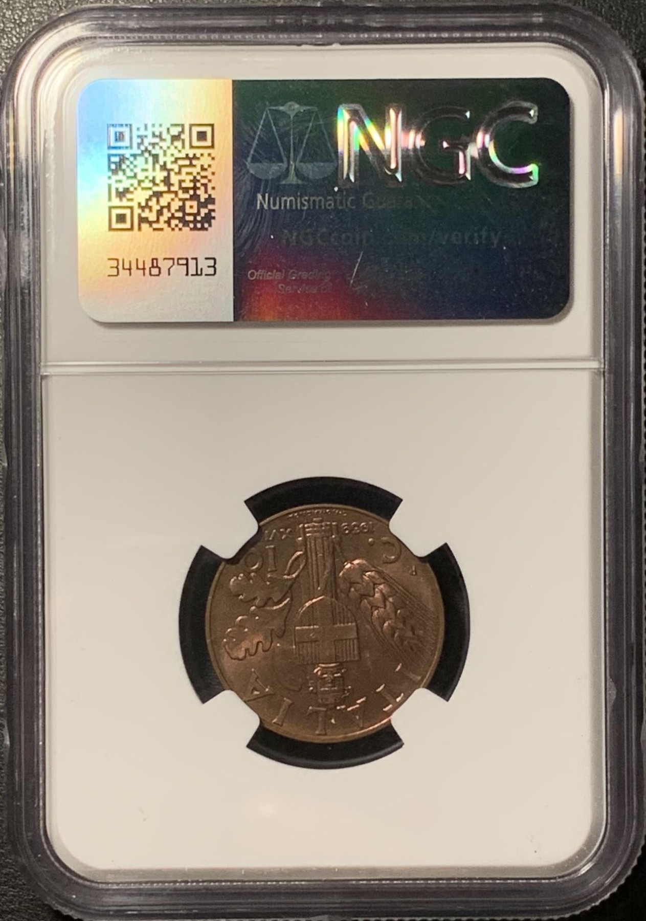 紫瑗钱币——第329期拍卖 意大利 1939年 伊曼纽埃三世 10分 铜币 NGC MS64 RB