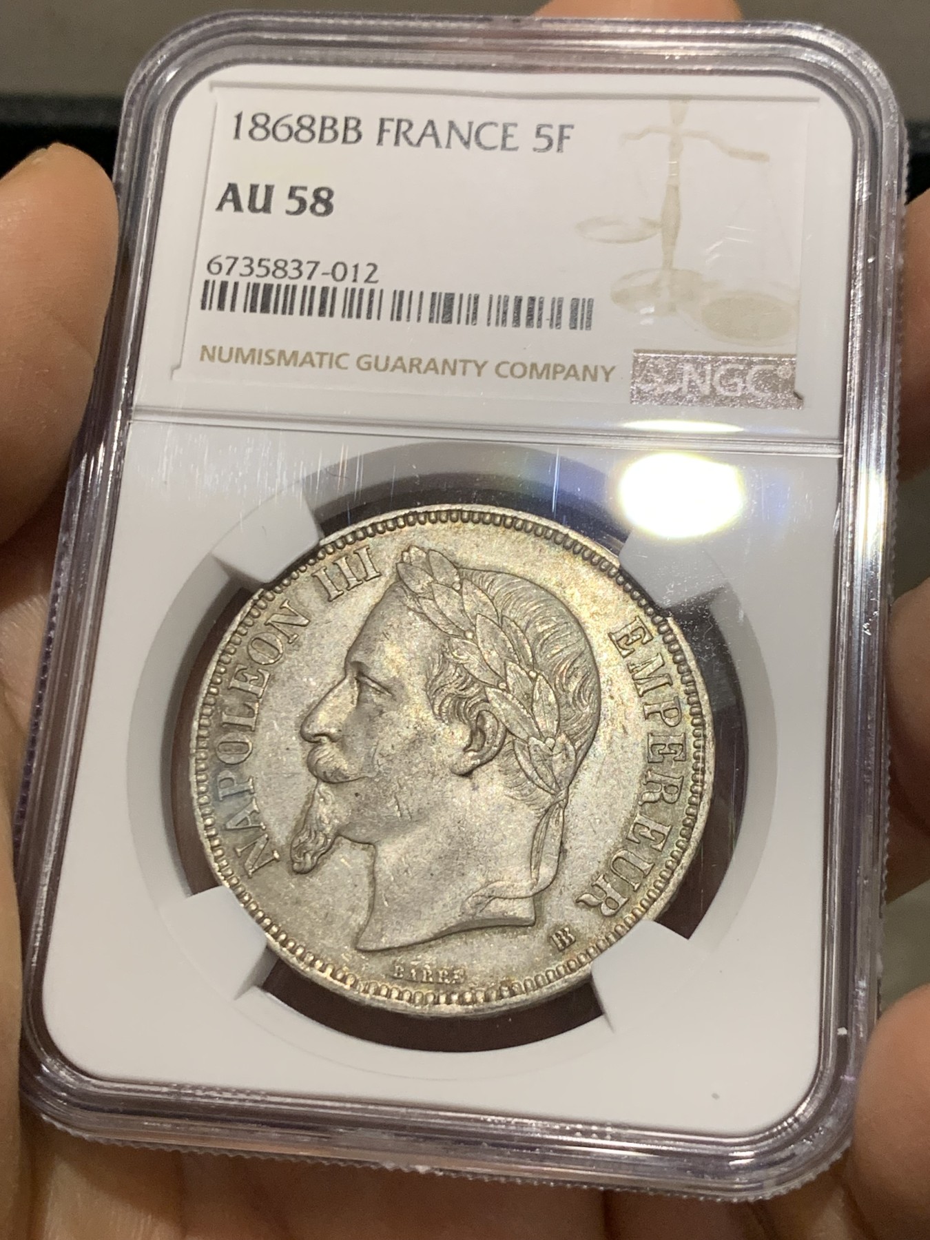 《竞宝斋》第221场-周日，周一 2场 (全场包邮) NGC AU58 法国拿破仑三世5法郎银币 少见1868BB 原味带光 细节一流