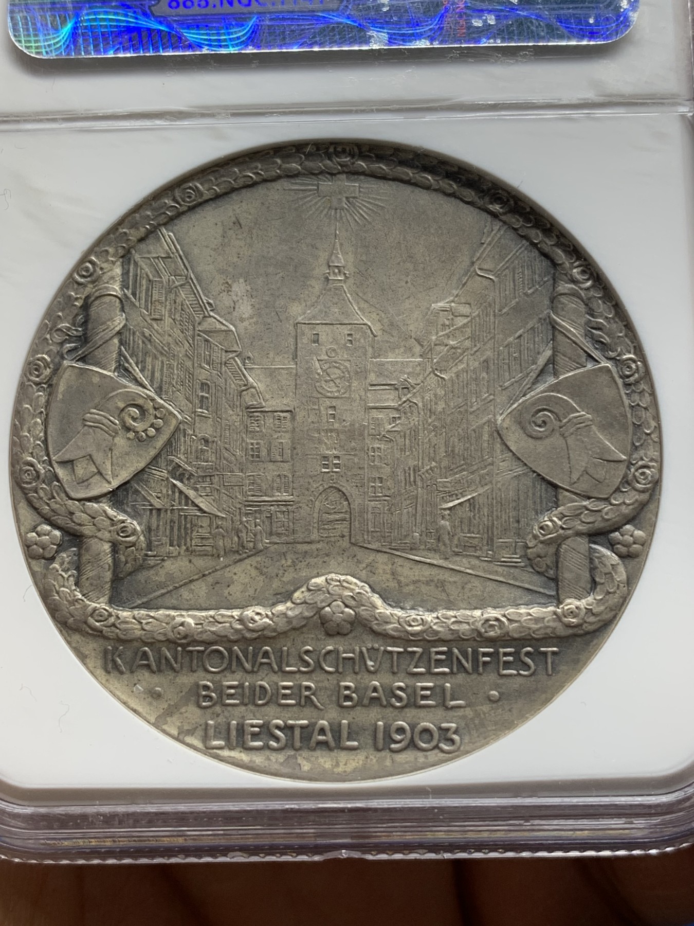 《竞宝斋》第221场-周日，周一 2场 (全场包邮) NGC AU55  瑞士1903巴塞尔射击节银章 少见品种