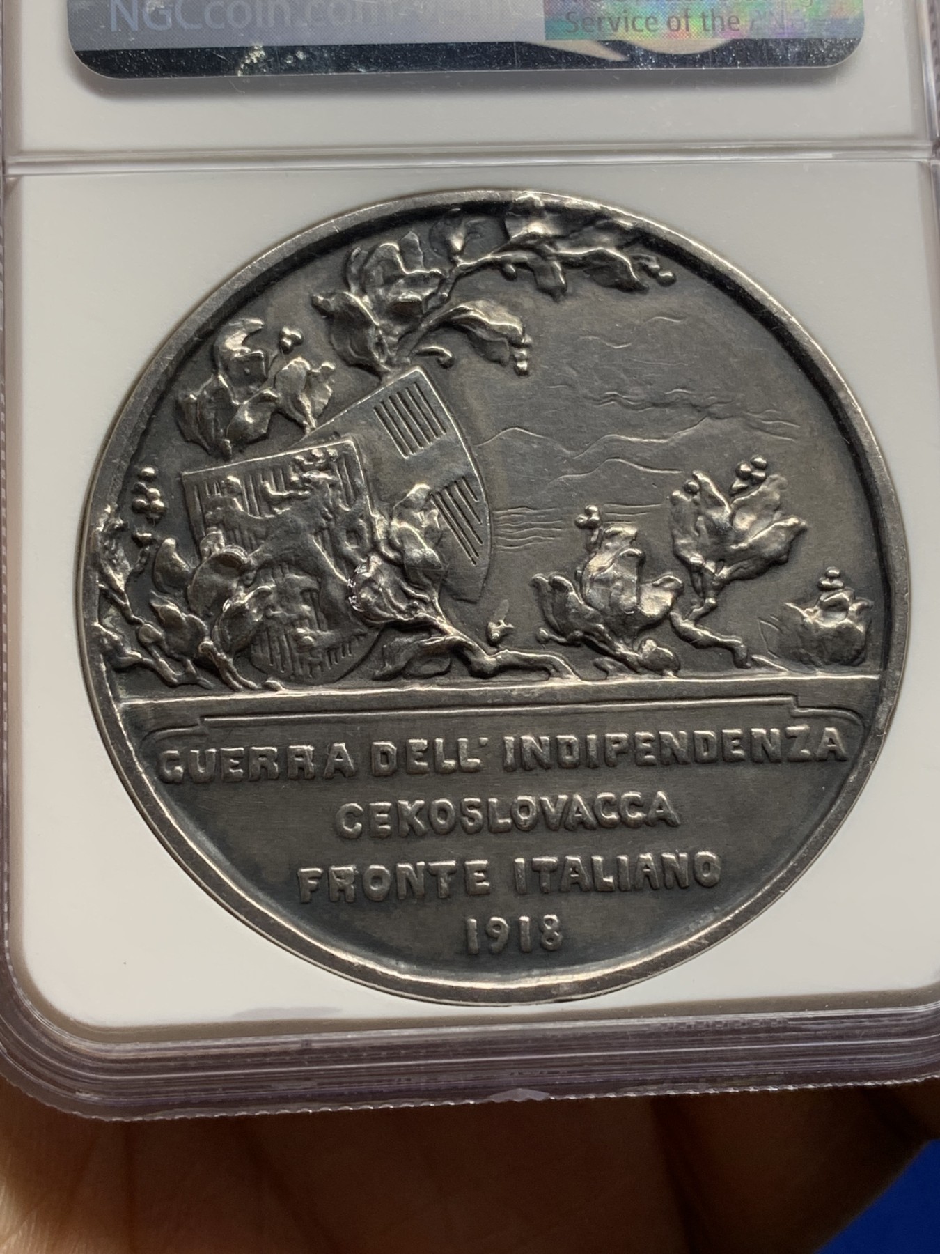《竞宝斋》第221场-周日，周一 2场 (全场包邮) NGC-MS61 意大利 1918年 捷克斯洛伐克战争纪念银章 展翅呐喊的天使