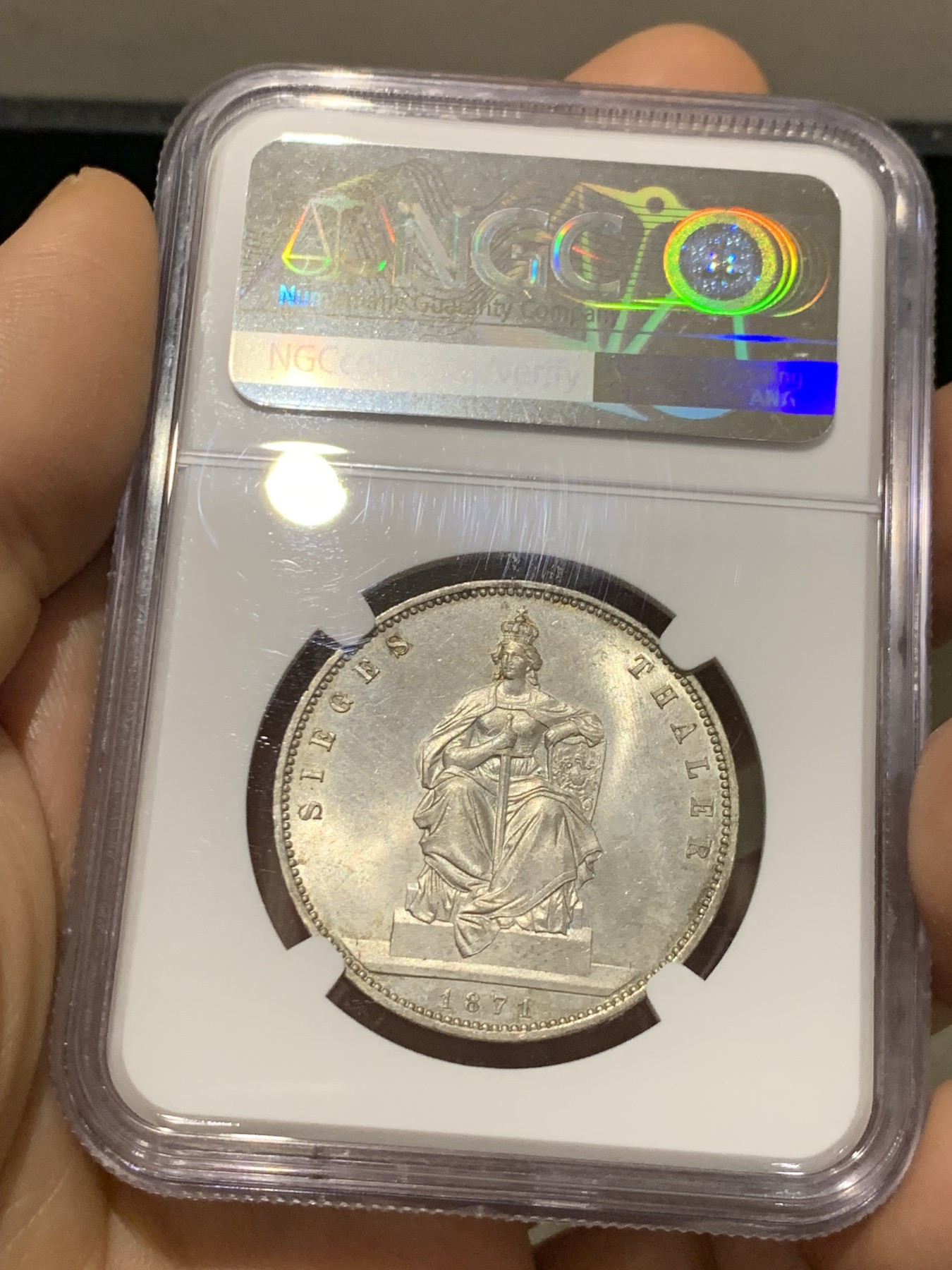 《竞宝斋》第221场-周日，周一 2场 (全场包邮) NGC MS62  德国 1871年 普鲁士 普法胜利泰勒 银币 车轮光。