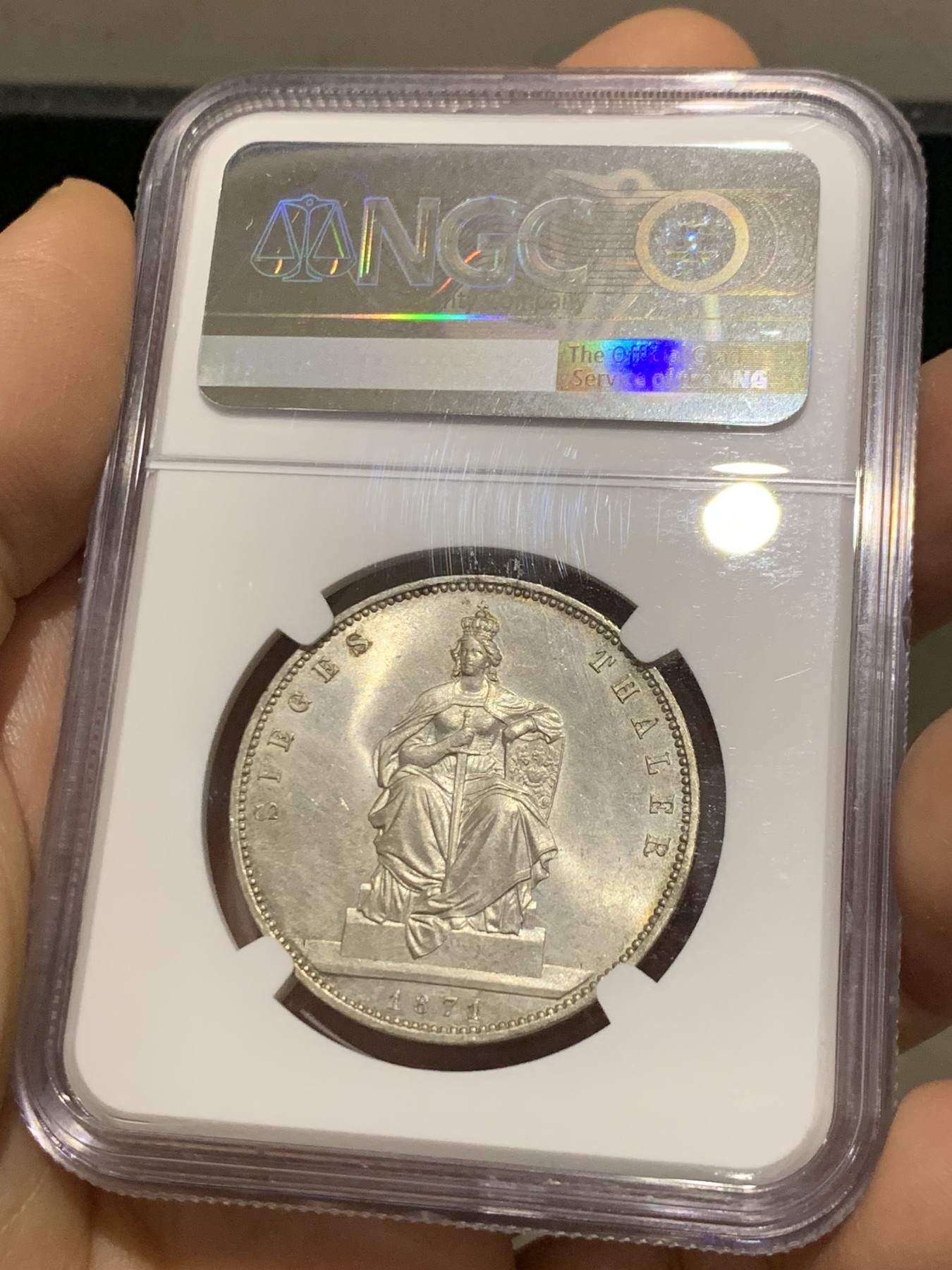 《竞宝斋》第221场-周日，周一 2场 (全场包邮) NGC MS62  德国 1871年 普鲁士 普法胜利泰勒 银币 车轮光。