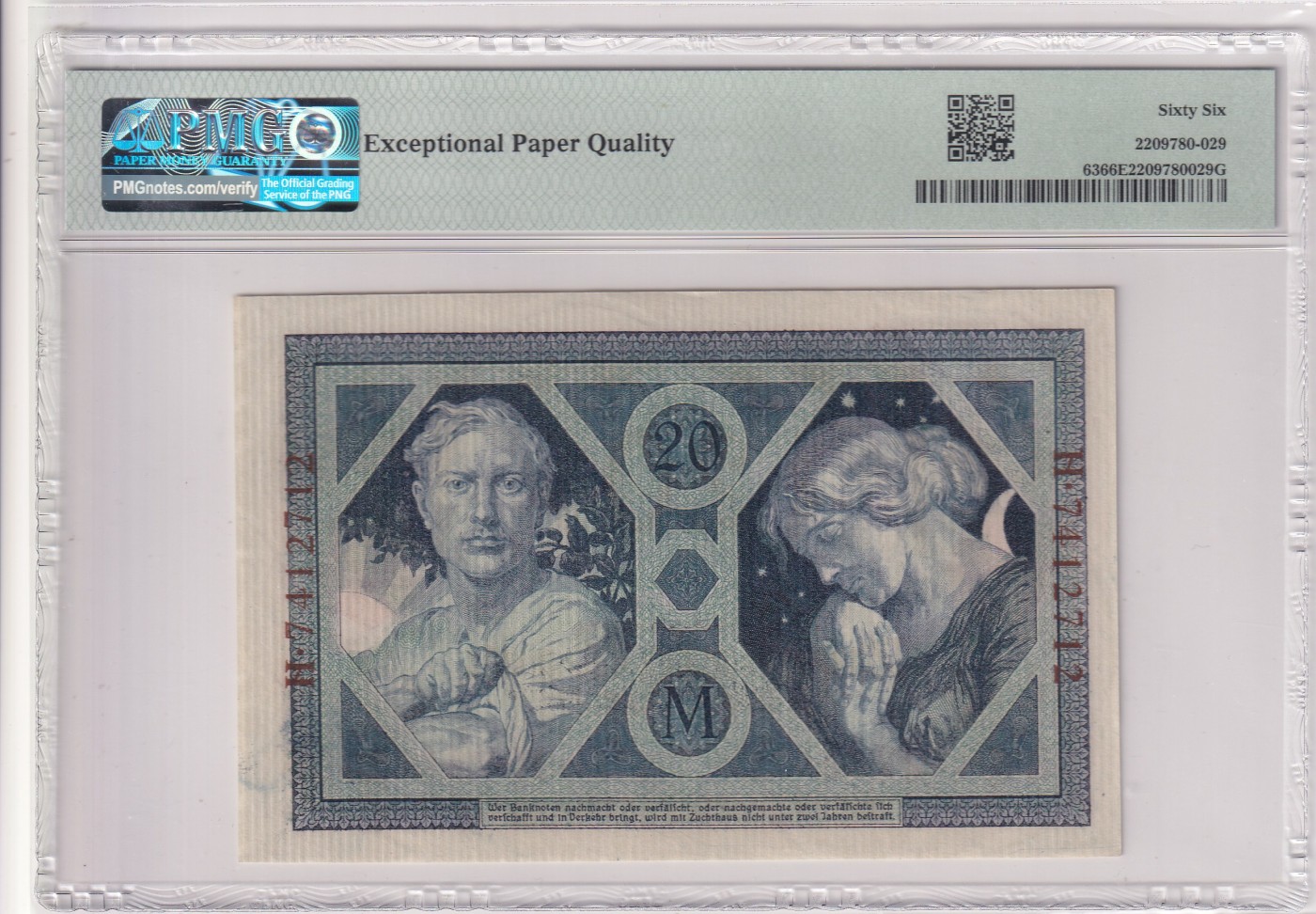 🌗乐淘淘世界纸币拍卖 第32期 🌓 【H7412712】德国1915年纸币 20马克 百年老钞 PMG66EPQ