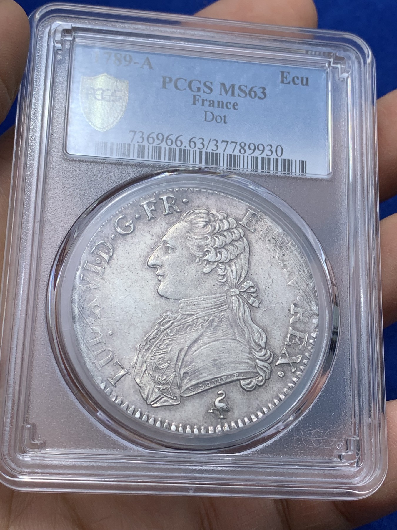 《竞宝斋》第221场-周日，周一 2场 (全场包邮) PCGS-MS63 法国1789年法国大革命路易十六埃居 全品深打 好品极其难得 人物状态绝了
