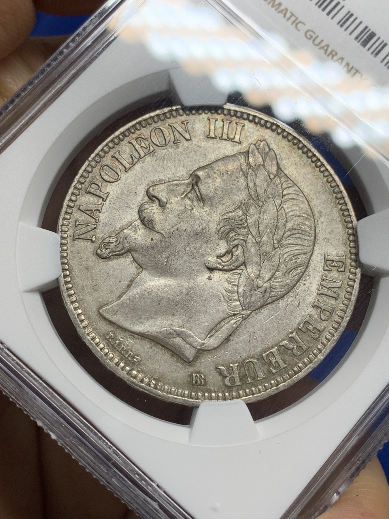 《竞宝斋》第221场-周日，周一 2场 (全场包邮) NGC AU58 法国拿破仑三世5法郎银币 少见1868BB 原味带光 细节一流