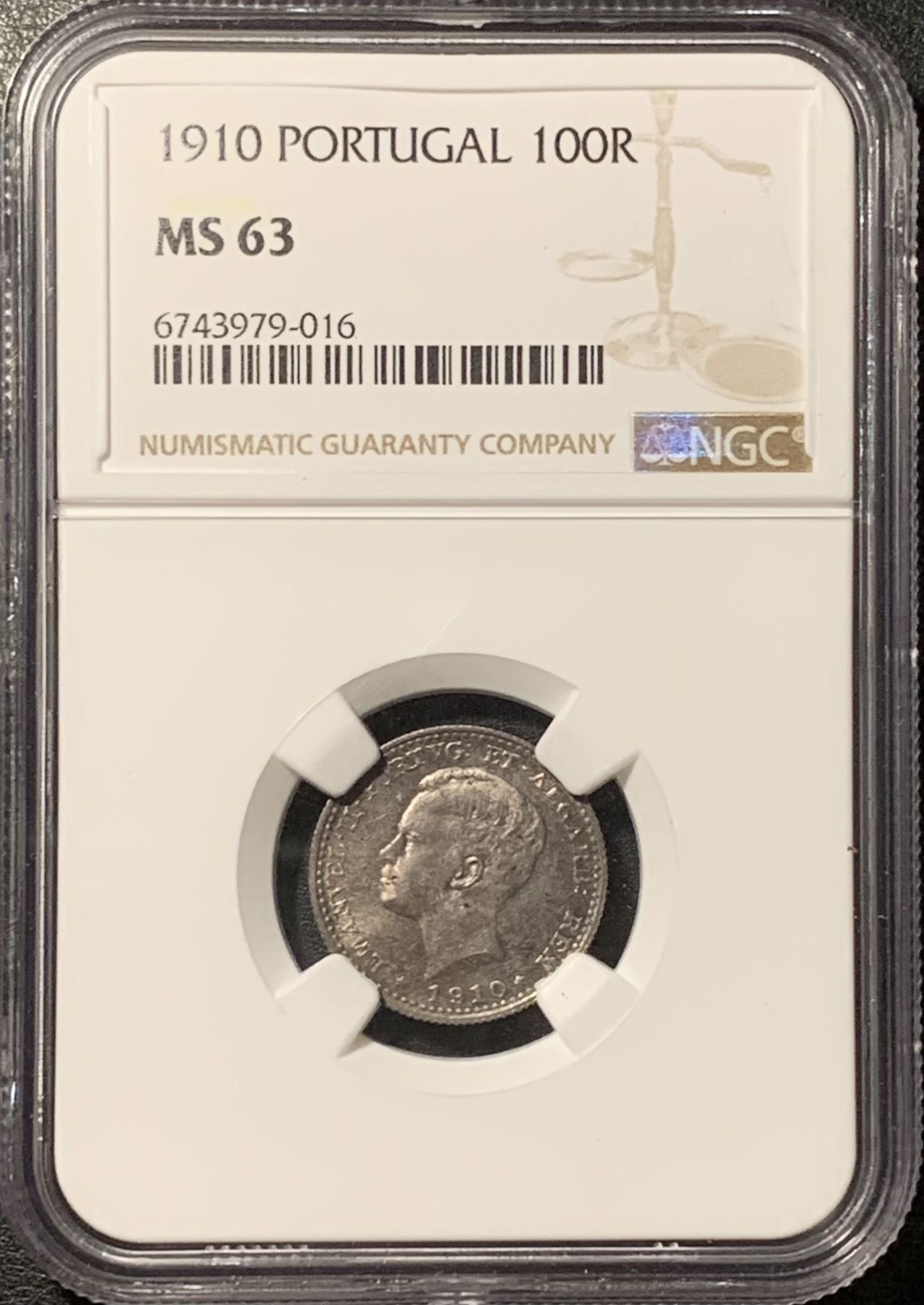 紫瑗钱币——第329期拍卖 葡萄牙 1910年 曼努埃尔二世 100瑞斯 银币 NGC MS63 五彩