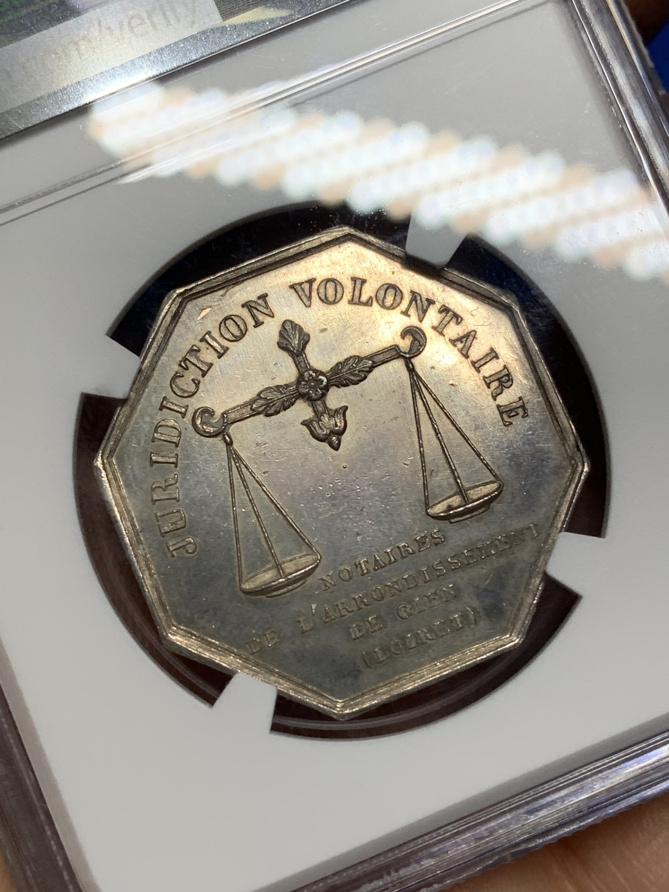 《竞宝斋》第221场-周日，周一 2场 (全场包邮) NGC MS63 法国 菲利普像 勒鲁吉市 公证处 银质八角代币 少见品种