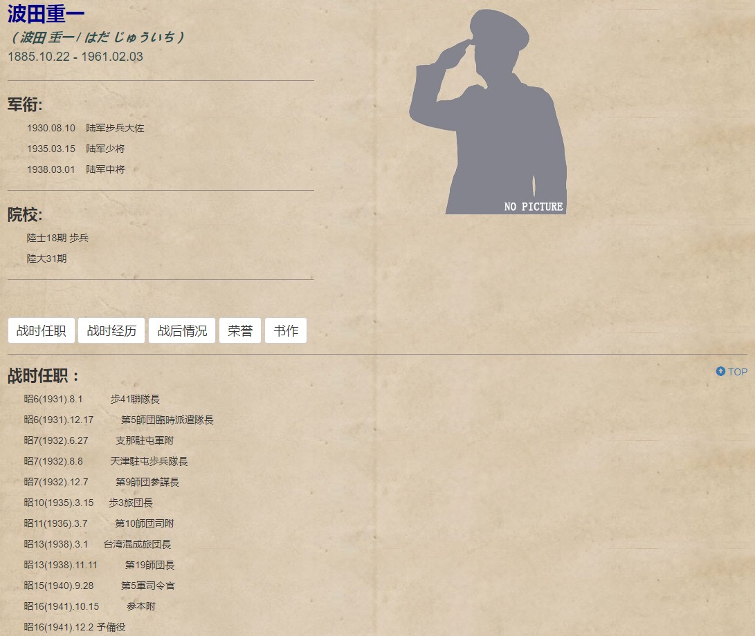 波田重一  纪元两千六百年祝典纪念章证书【陆军中将 第五军司令官（关东军所属） 武汉会战波田支队 第十九师团长 朝鲜联盟事务局总长 台湾混成旅团长 步兵第三旅团长 第九师团参谋长 天津驻屯步兵队长 步兵第41联队长 】