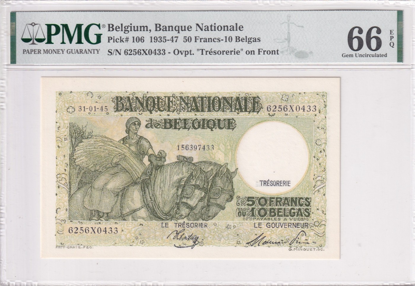🌗乐淘淘世界纸币拍卖 第32期 🌓 【6256X0433】比利时1935-47年纸币 50法郎 PMG66EPQ 亚军分