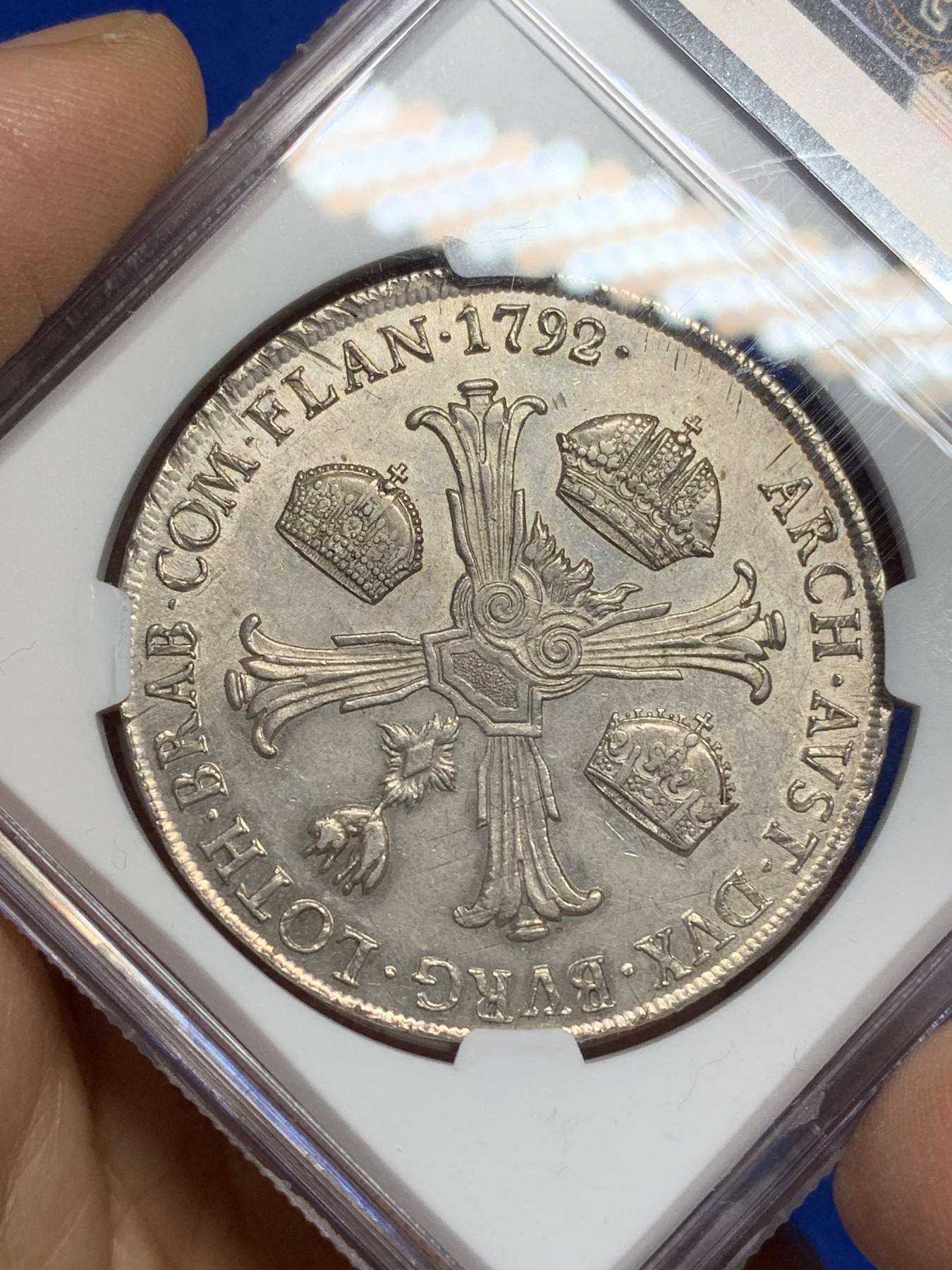 《竞宝斋》第221场-周日，周一 2场 (全场包邮) 唯一冠军分  NGC-AU58 1792M年 意大利 约瑟夫二世 1泰勒银币 米兰造币厂 哈布斯堡领地 很温润舒服 稀少品种