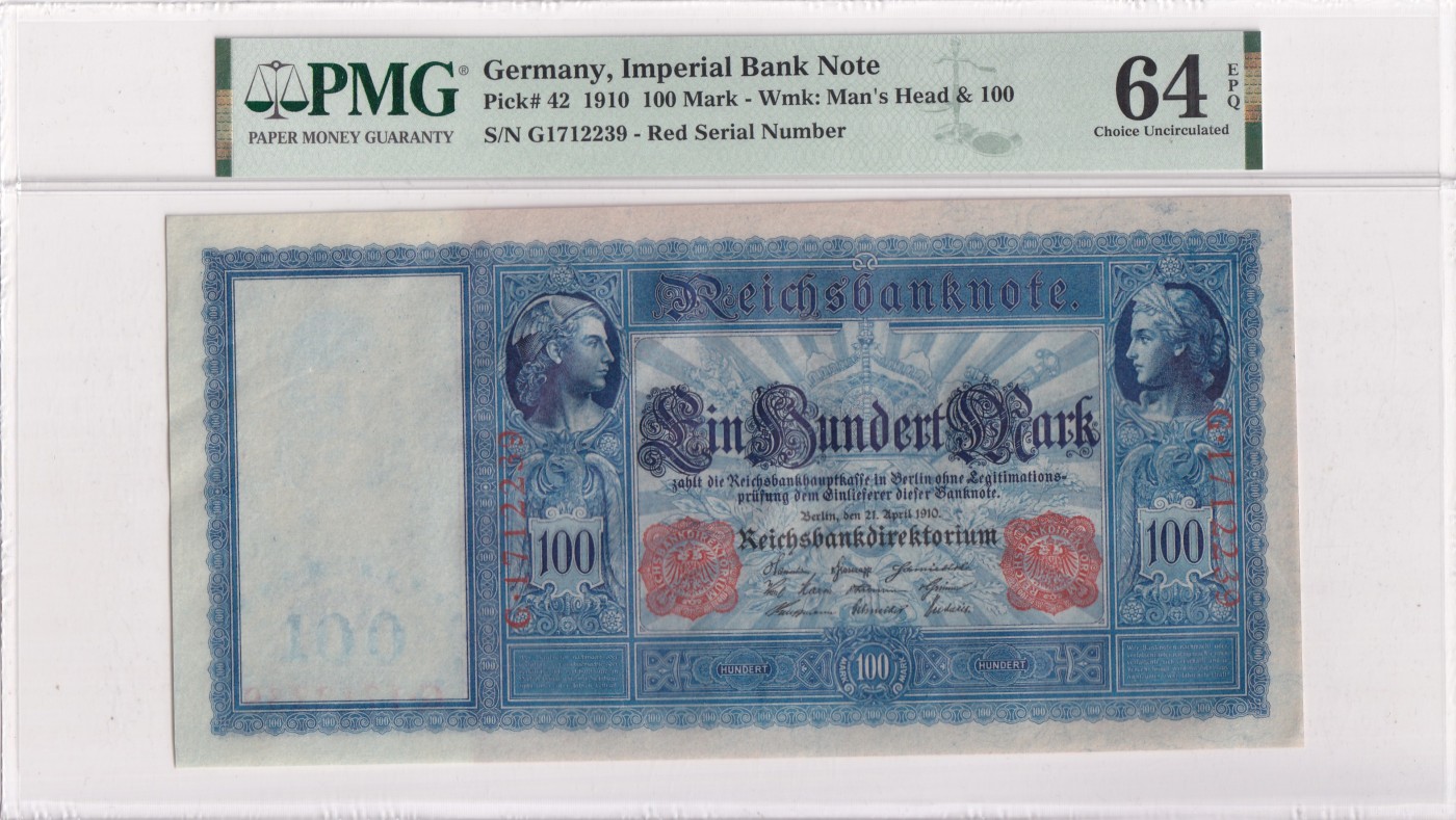 🌗乐淘淘世界纸币拍卖 第32期 🌓 【G1712239】德国1910年纸币 100马克 百年老钞 精美大票幅 PMG64EPQ