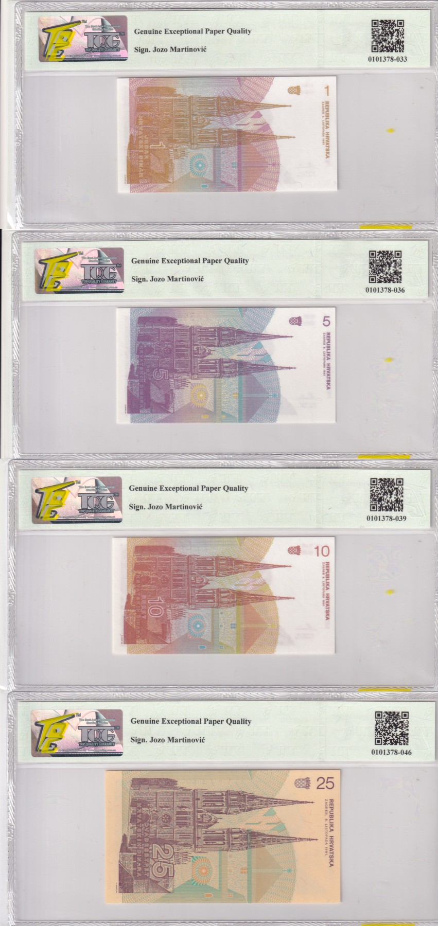 🌗乐淘淘世界纸币拍卖 第32期 🌓 克罗地亚1991年纸币四张 1/5/10/25第纳尔 TQG评级