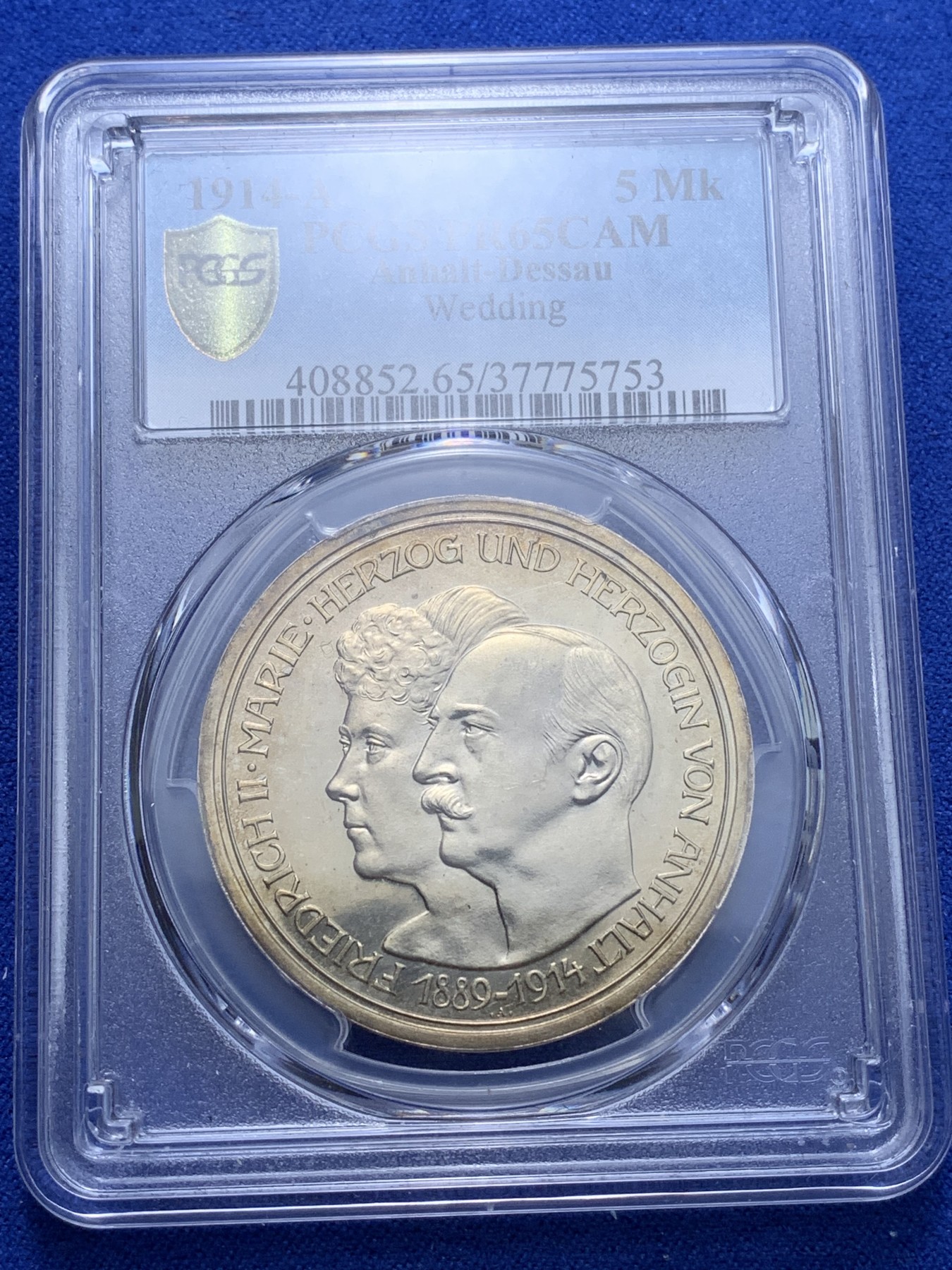 《竞宝斋》第221场-周日，周一 2场 (全场包邮) PCGS-PR65CAM,德国1914年安哈特德绍，结婚纪念5马克精制银币，金色靓丽包浆，高分精铸马克愈发稀少