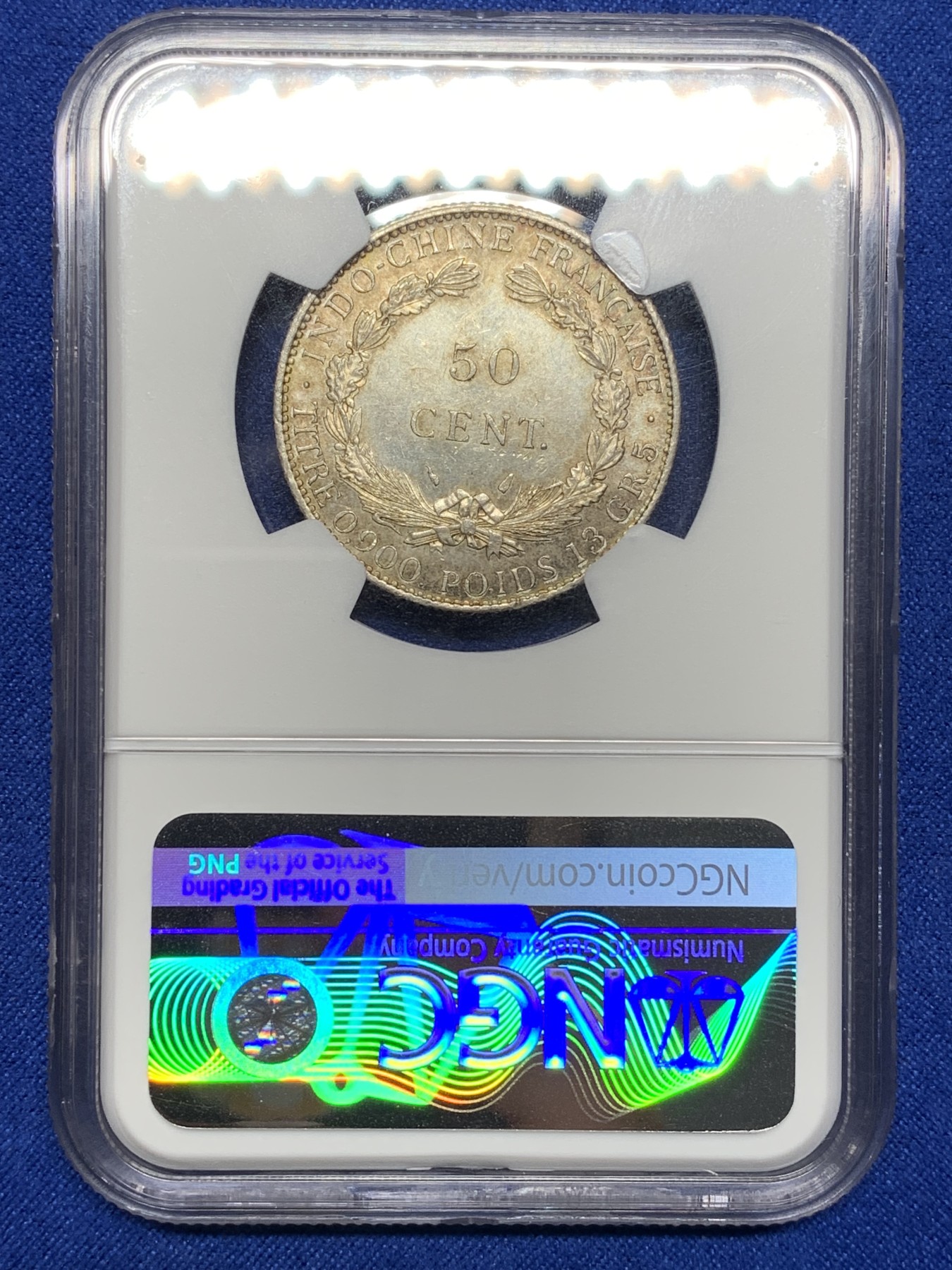 《竞宝斋》第221场-周日，周一 2场 (全场包邮) NGC MS64 1936年法属印支坐洋50分银币 极品原光五彩 状态一流 低评状态