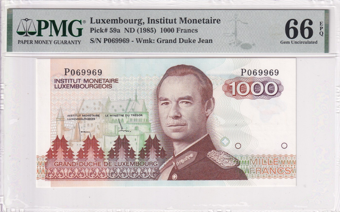 🌗乐淘淘世界纸币拍卖 第32期 🌓 【P069969】卢森堡1985年纸币 1000法郎 P冠 圆圆倒置号 PMG66EPQ
