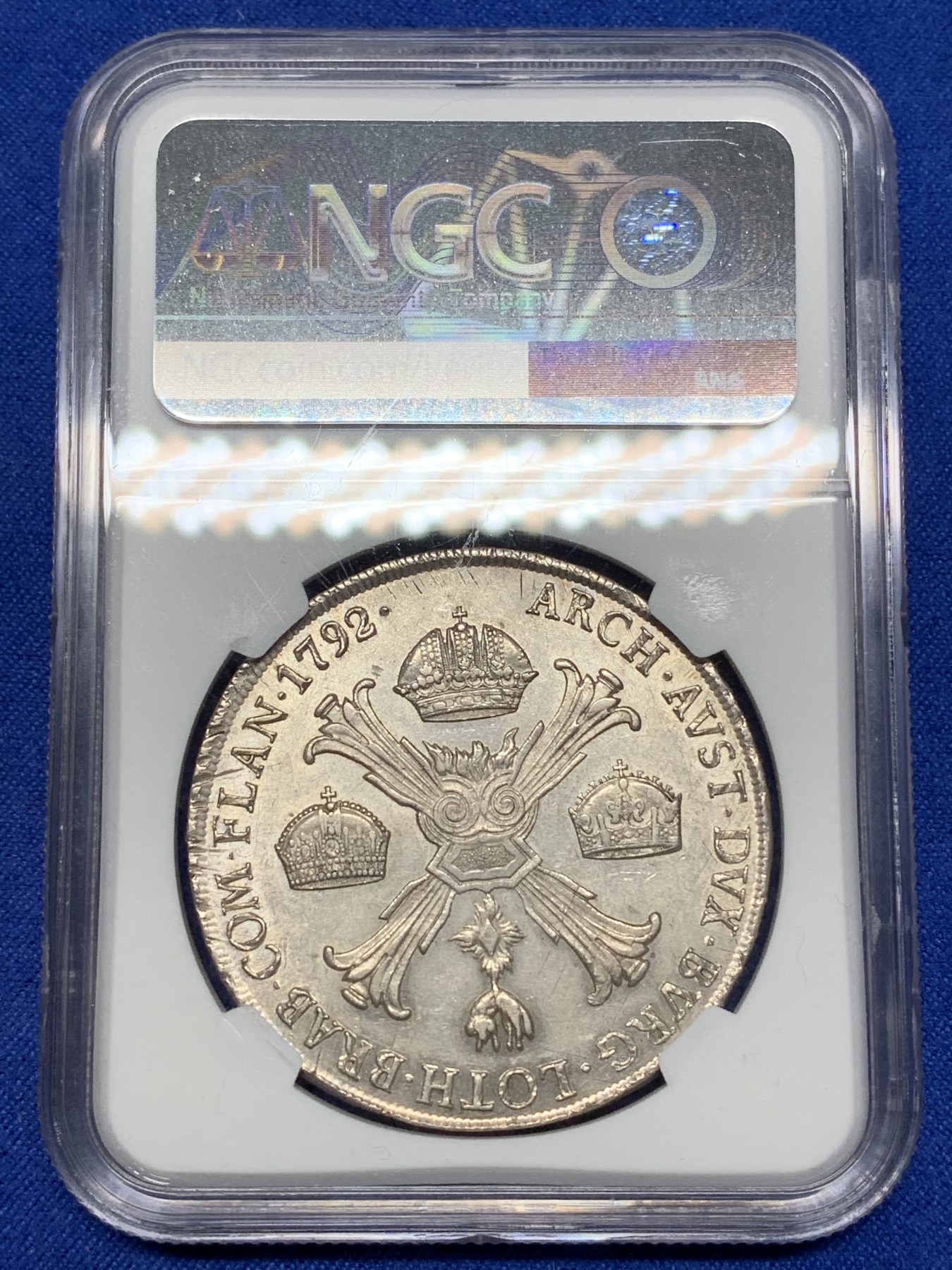 《竞宝斋》第221场-周日，周一 2场 (全场包邮) 唯一冠军分  NGC-AU58 1792M年 意大利 约瑟夫二世 1泰勒银币 米兰造币厂 哈布斯堡领地 很温润舒服 稀少品种