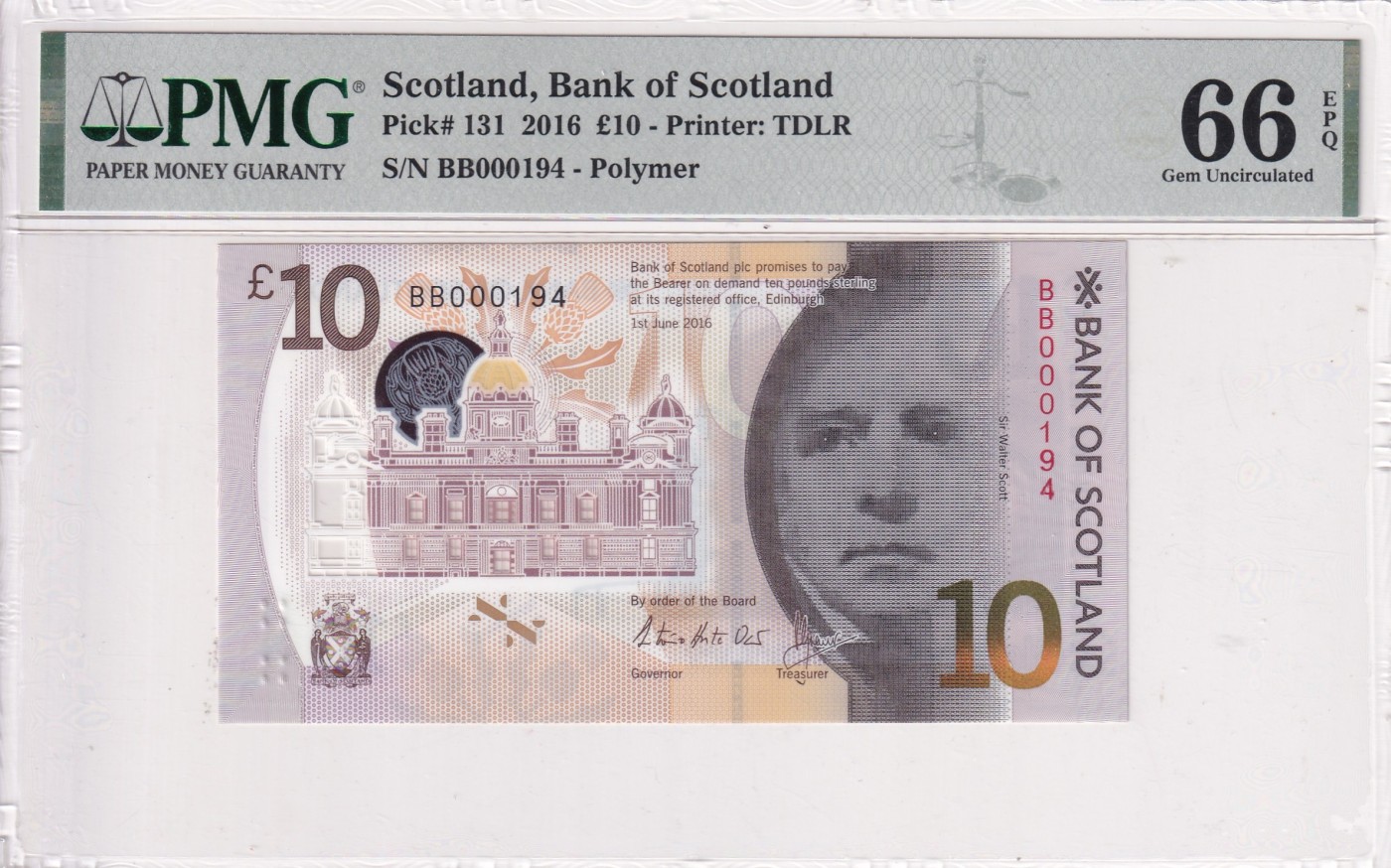 🌗乐淘淘世界纸币拍卖 第32期 🌓 【BB000194】苏格兰2016年塑料钞 10镑 百位号 PMG66EPQ