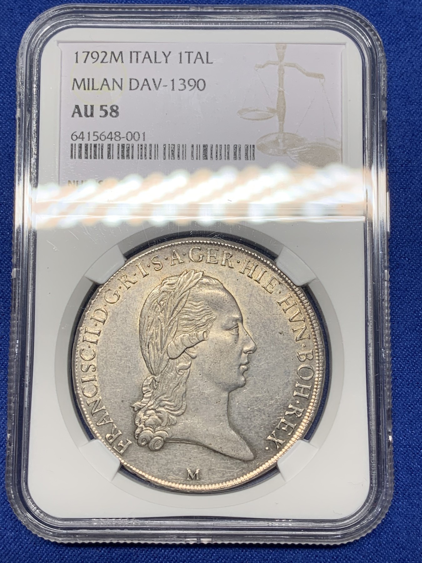 《竞宝斋》第221场-周日，周一 2场 (全场包邮) 唯一冠军分  NGC-AU58 1792M年 意大利 约瑟夫二世 1泰勒银币 米兰造币厂 哈布斯堡领地 很温润舒服 稀少品种