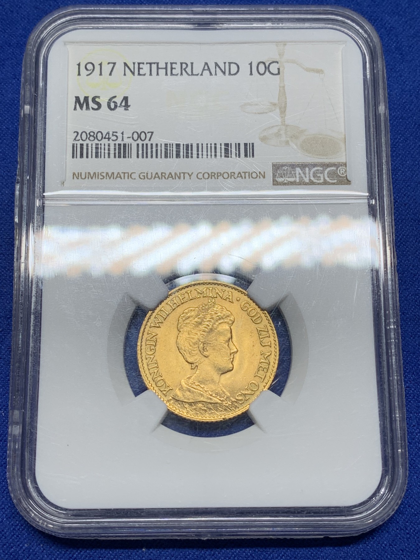 《竞宝斋》第221场-周日，周一 2场 (全场包邮) NGC-MS64 1917荷兰威廉明娜10盾金币 少妇版车轮光金灿灿 热门好品潜力高