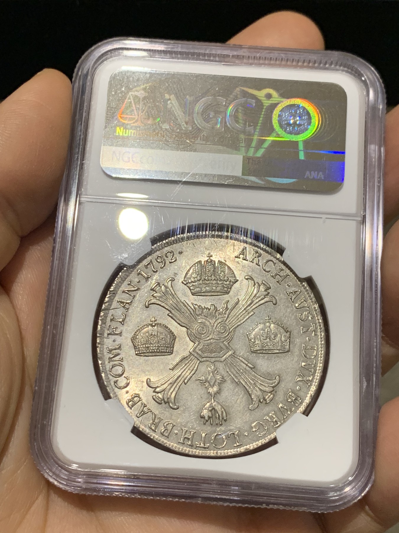 《竞宝斋》第221场-周日，周一 2场 (全场包邮) 唯一冠军分  NGC-AU58 1792M年 意大利 约瑟夫二世 1泰勒银币 米兰造币厂 哈布斯堡领地 很温润舒服 稀少品种