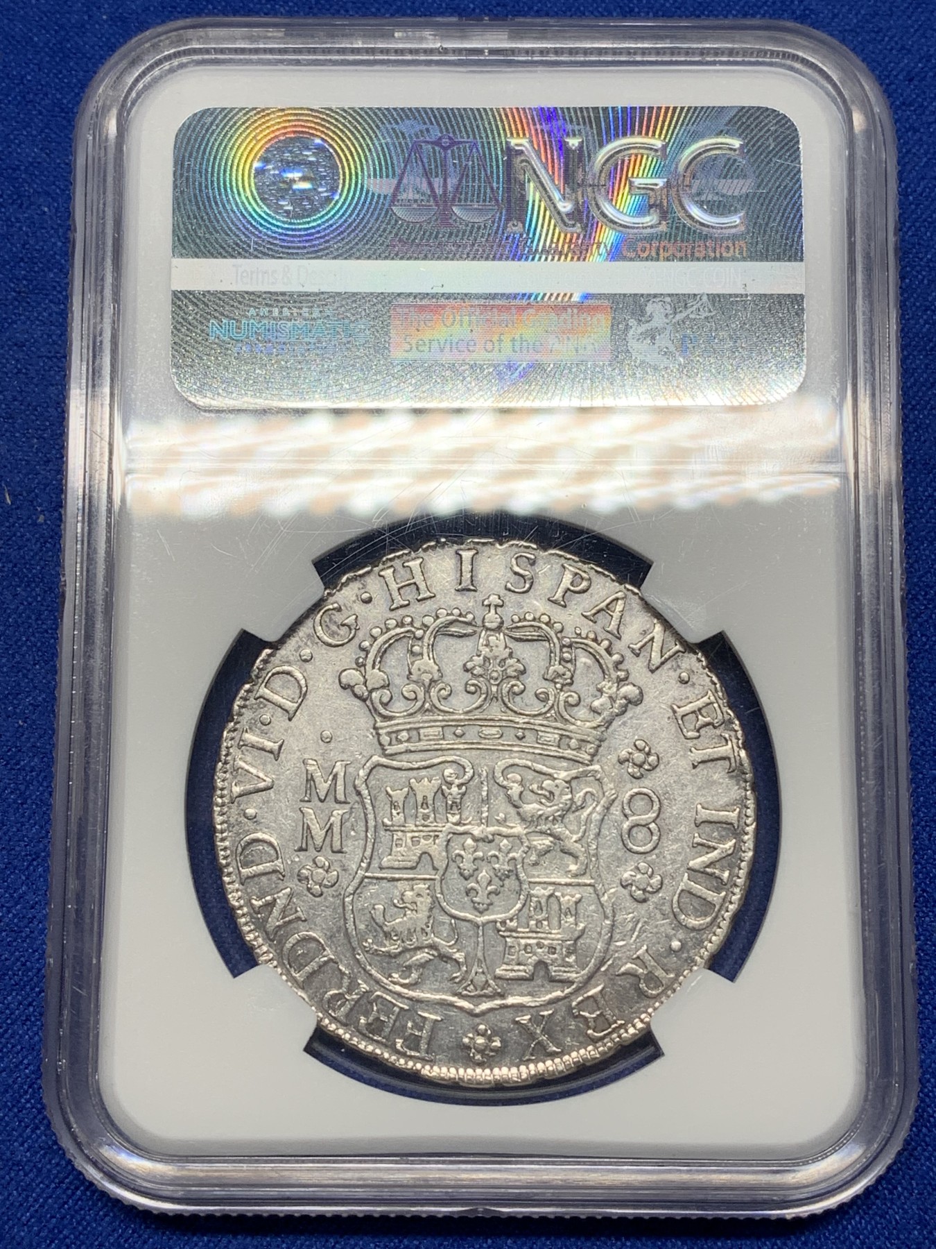 《竞宝斋》第221场-周日，周一 2场 (全场包邮) NGC AU 墨西哥1758年地球双柱银币 全深打 带光好品