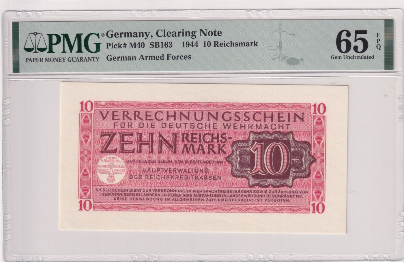 🌗乐淘淘世界纸币拍卖 第32期 🌓 德国1944年 清算票 10马克 PMG65EPQ