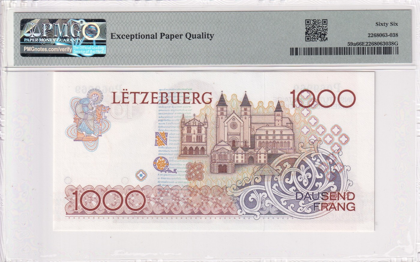 🌗乐淘淘世界纸币拍卖 第32期 🌓 【P069969】卢森堡1985年纸币 1000法郎 P冠 圆圆倒置号 PMG66EPQ