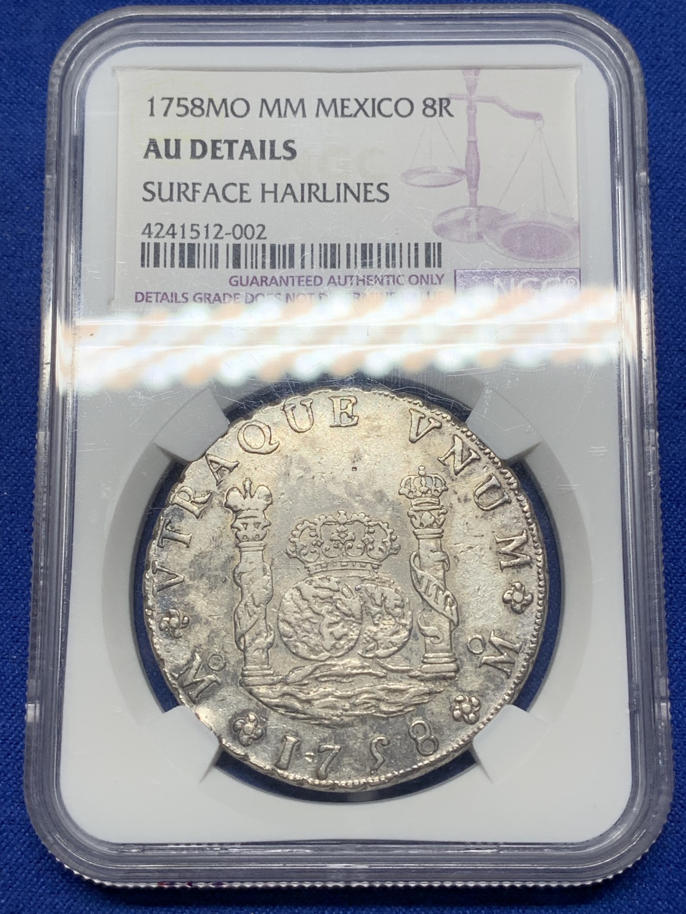 《竞宝斋》第221场-周日，周一 2场 (全场包邮) NGC AU 墨西哥1758年地球双柱银币 全深打 带光好品