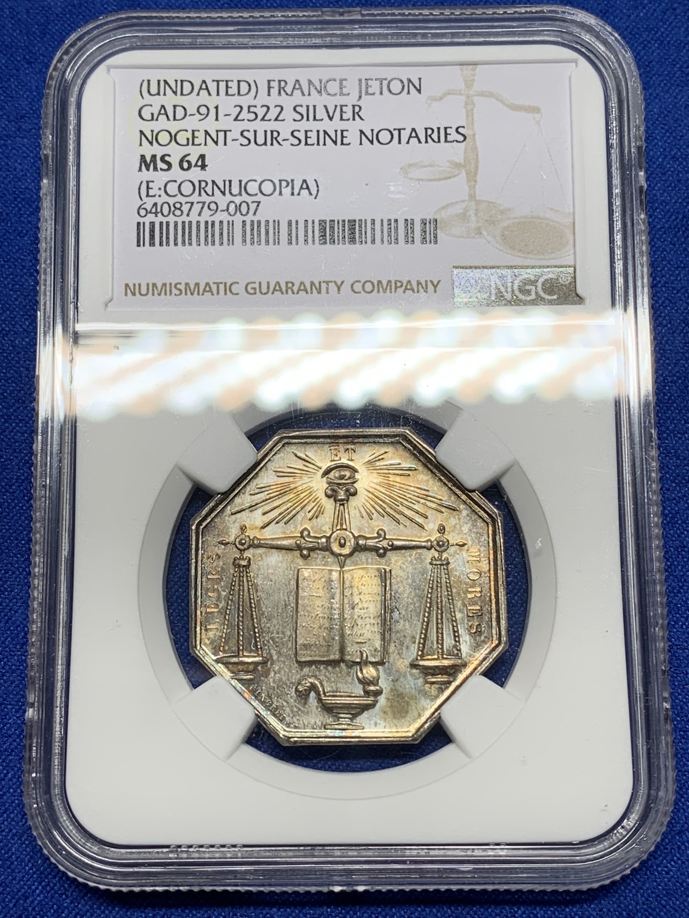 《竞宝斋》第221场-周日，周一 2场 (全场包邮) NGC-MS64 法国马恩河畔诺让 十九世纪天平 八角代币JETON 银制 五彩包浆