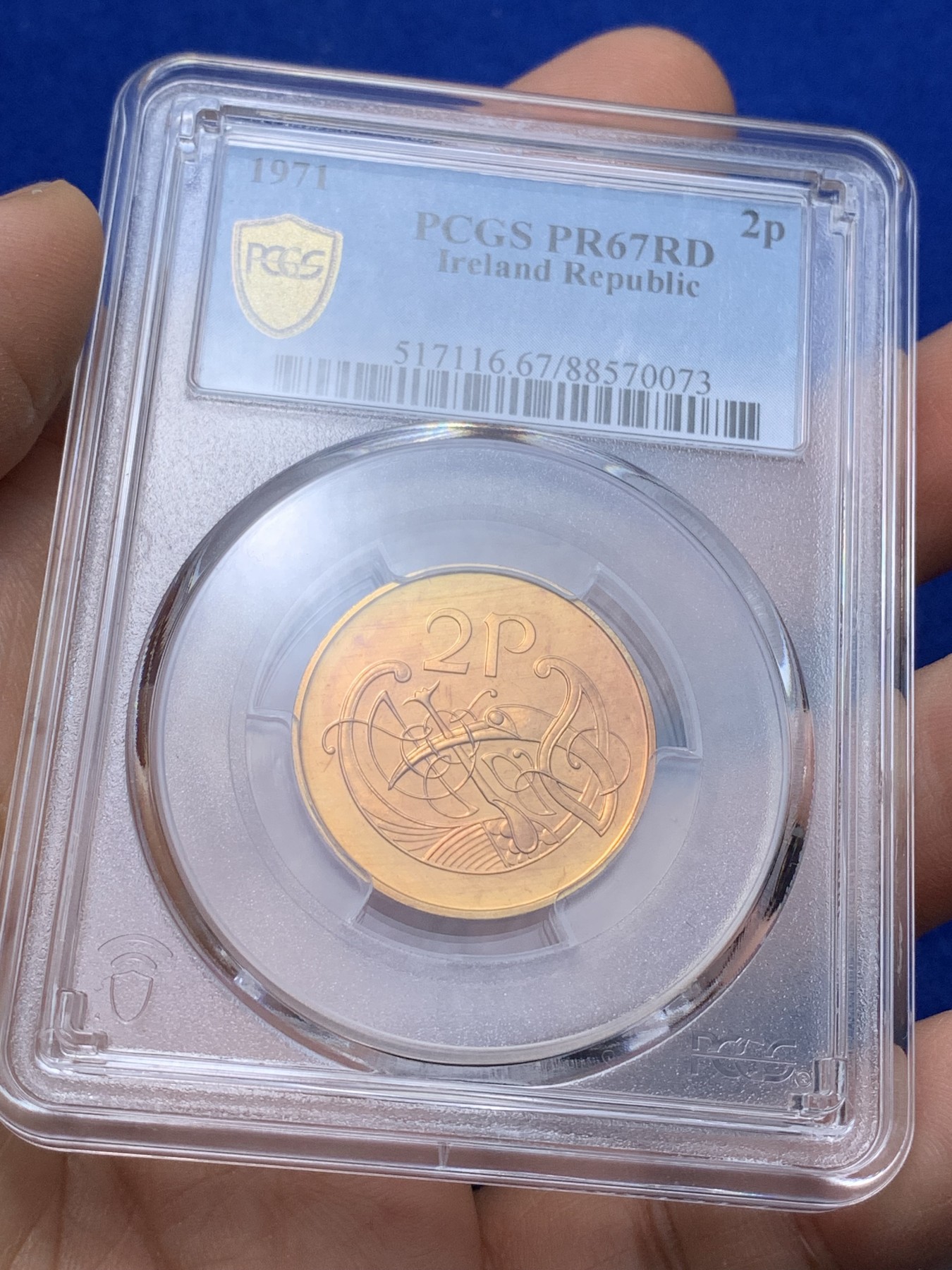 《竞宝斋》第221场-周日，周一 2场 (全场包邮) PCGS金盾 PR67RD 爱尔兰1971年抽象的鸟类2便士精制铜币