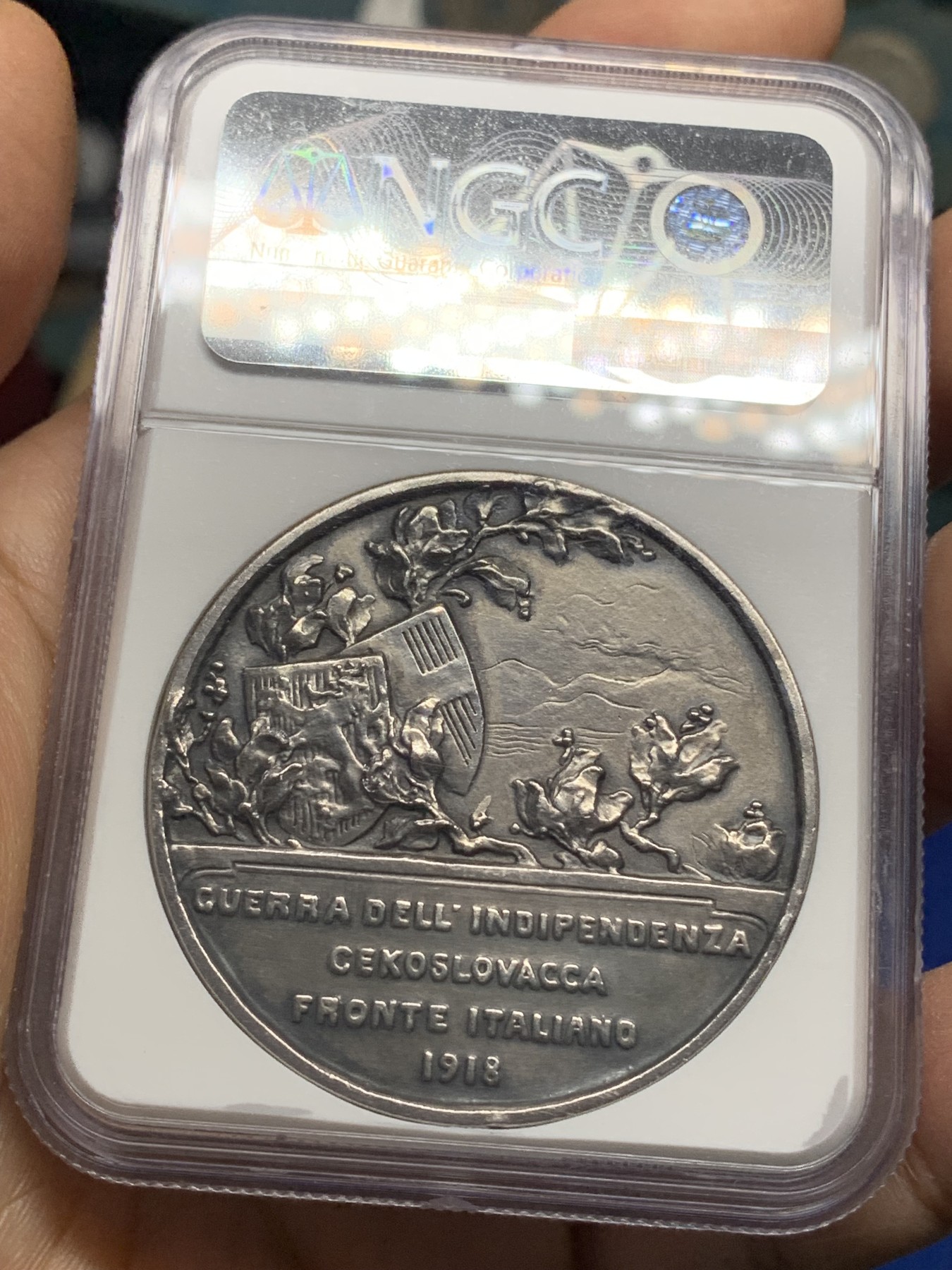 《竞宝斋》第221场-周日，周一 2场 (全场包邮) NGC-MS61 意大利 1918年 捷克斯洛伐克战争纪念银章 展翅呐喊的天使