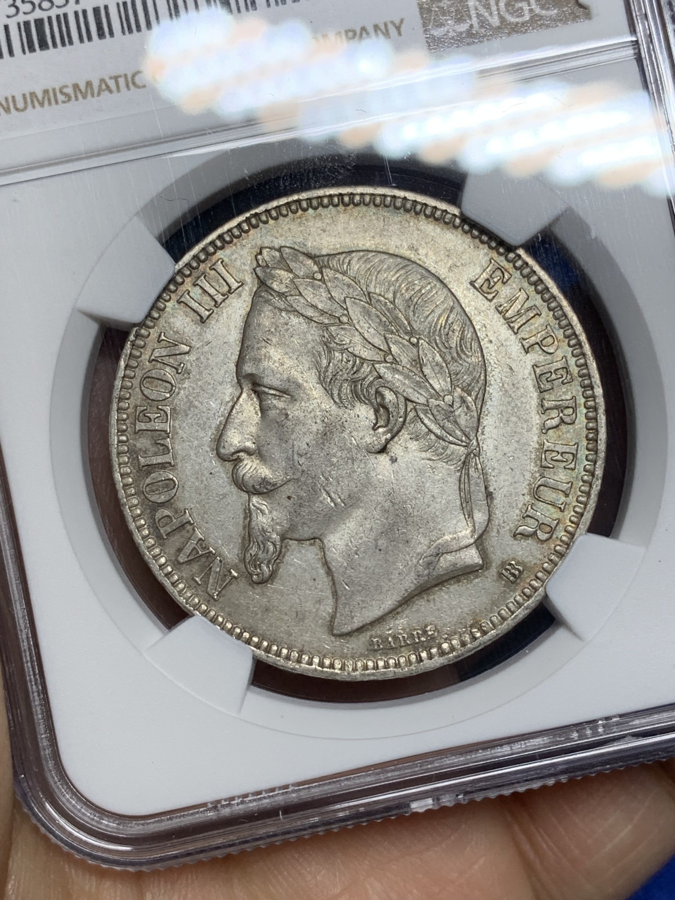 《竞宝斋》第221场-周日，周一 2场 (全场包邮) NGC AU58 法国拿破仑三世5法郎银币 少见1868BB 原味带光 细节一流