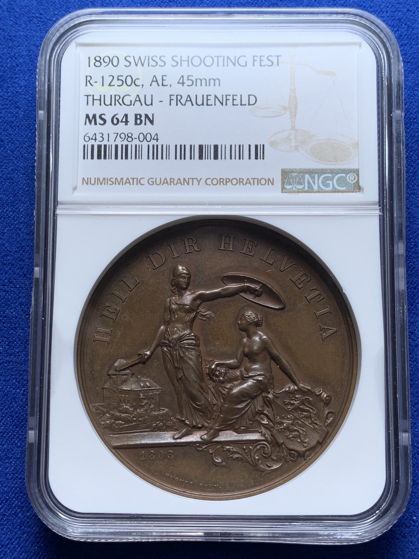 《竞宝斋》第221场-周日，周一 2场 (全场包邮) NGC MS64 1890年瑞士弗劳恩菲尔德射击节铜章,高分品质，收藏一步到位