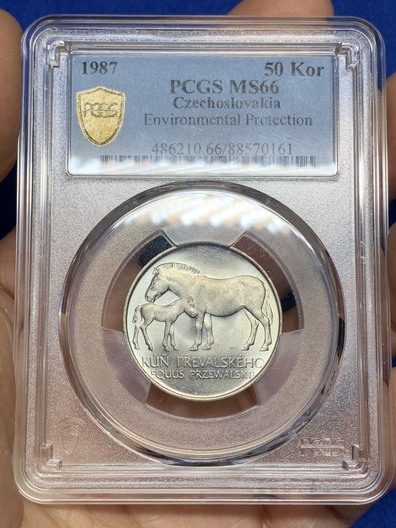 《竞宝斋》第221场-周日，周一 2场 (全场包邮) PCGS金盾 MS66 捷克斯洛伐克1987年母马和小马50克朗银币