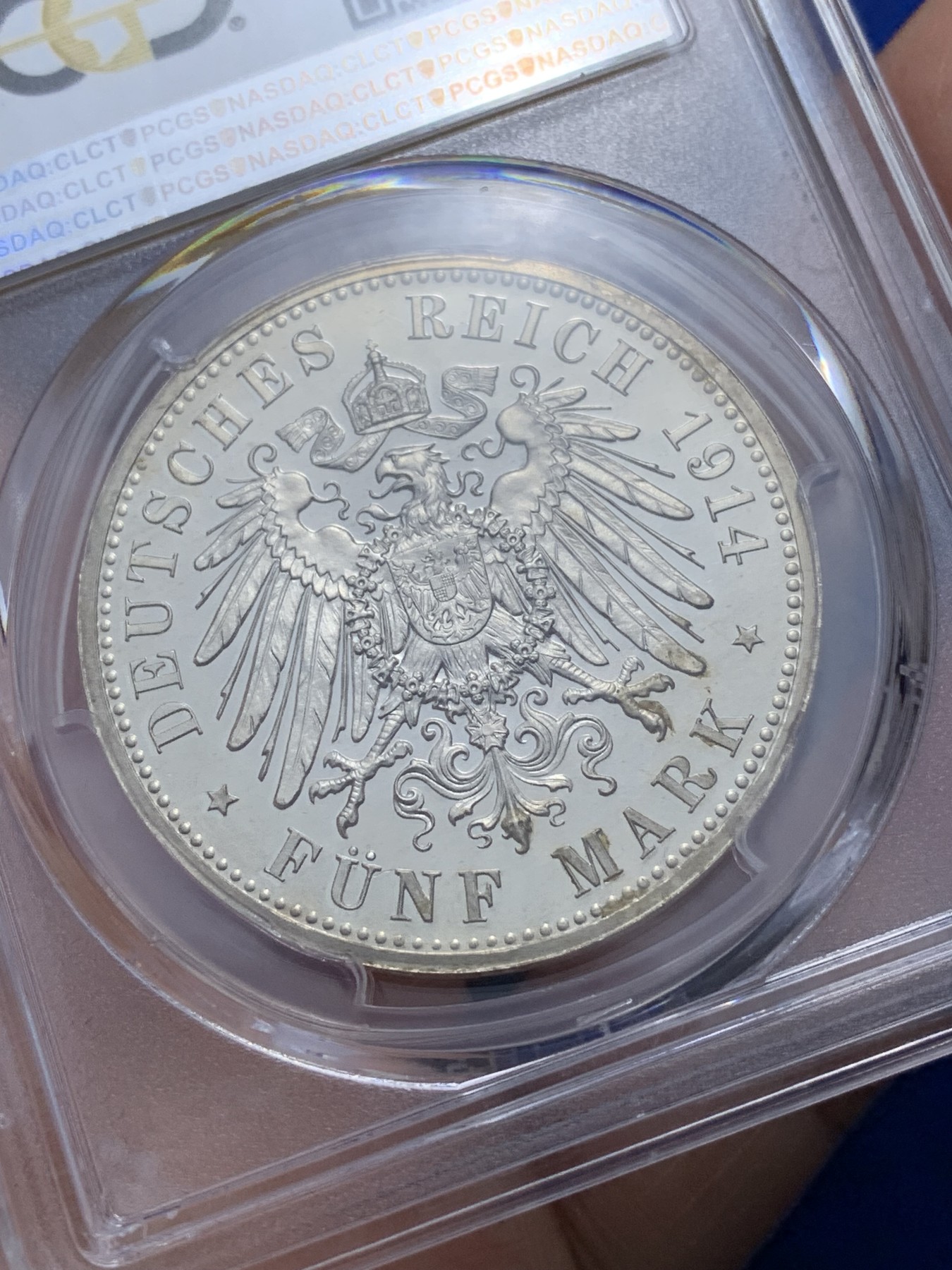 《竞宝斋》第221场-周日，周一 2场 (全场包邮) PCGS-PR65CAM,德国1914年安哈特德绍，结婚纪念5马克精制银币，金色靓丽包浆，高分精铸马克愈发稀少