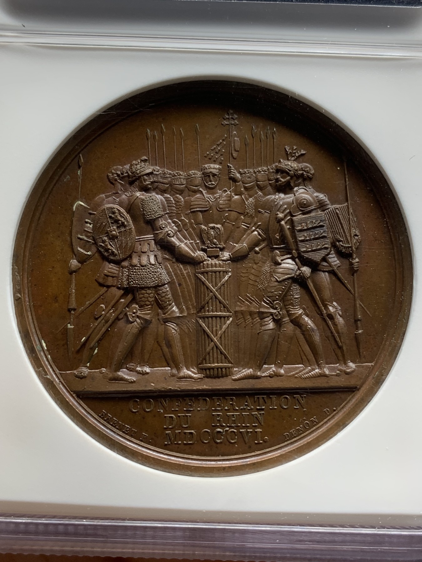 《竞宝斋》第221场-周日，周一 2场 (全场包邮) NGC-MS64BN 法国 1806年 拿破仑铜章 莱茵同盟 设计精美 醇厚巧克力色