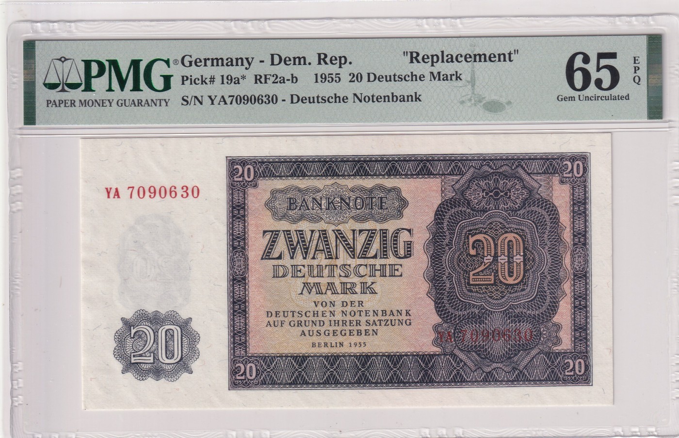 🌗乐淘淘世界纸币拍卖 第32期 🌓 【YA7090630】德国1955年纸币 20马克 稀少补号 PMG65EPQ