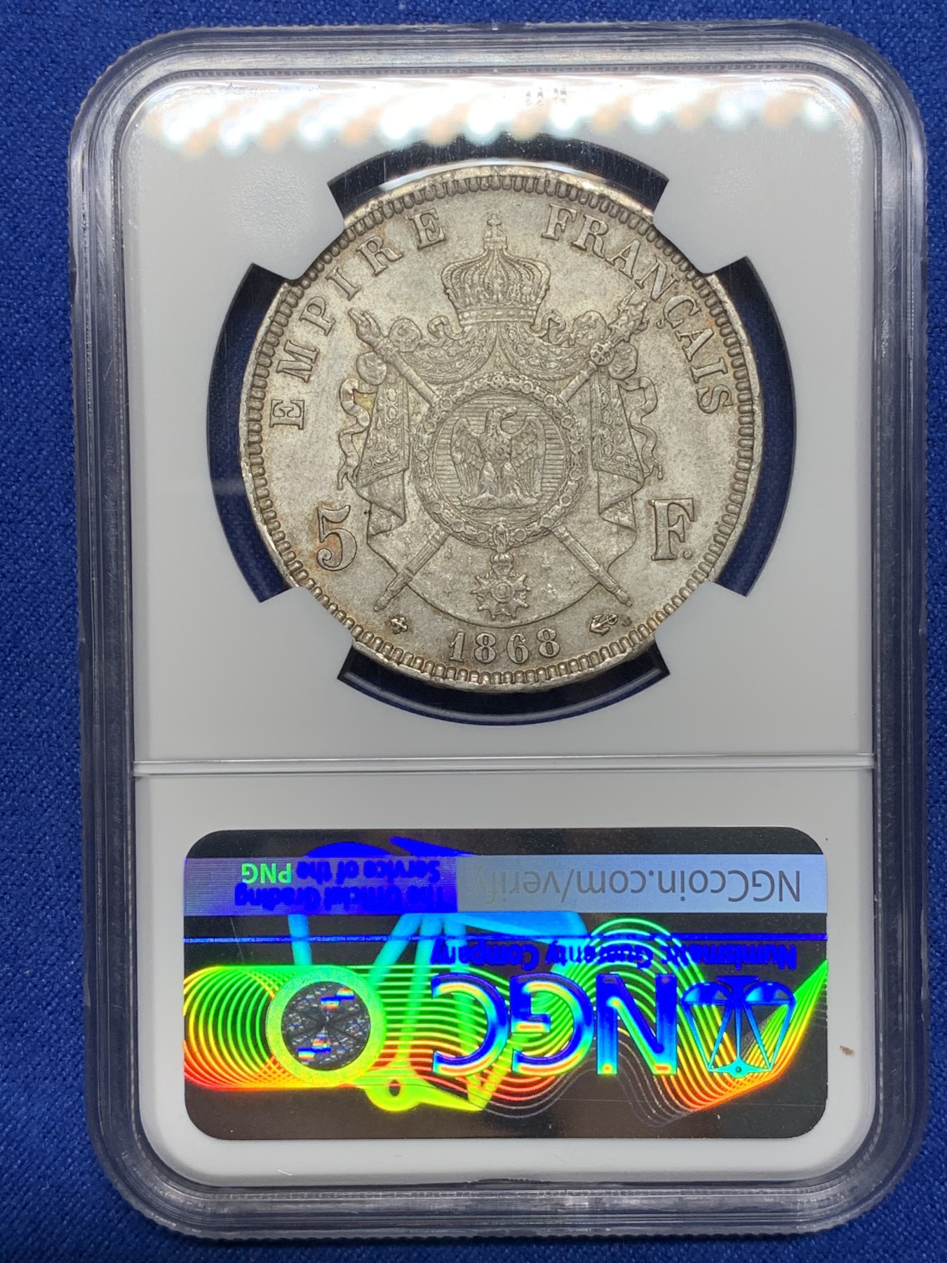 《竞宝斋》第221场-周日，周一 2场 (全场包邮) NGC AU58 法国拿破仑三世5法郎银币 少见1868BB 原味带光 细节一流