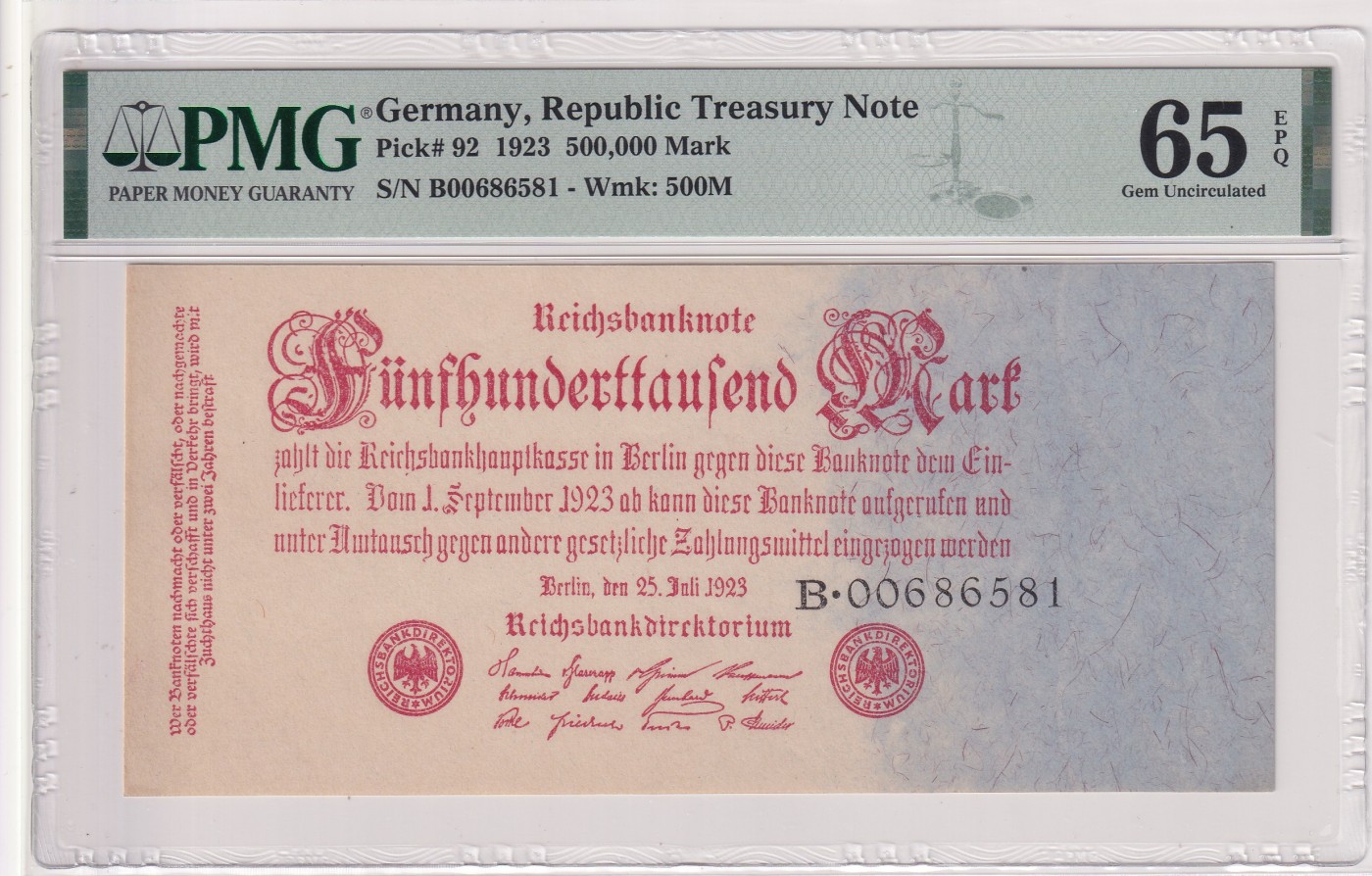 🌗乐淘淘世界纸币拍卖 第32期 🌓 【B00686581】德国1923年纸币 500000马克 PMG65EPQ