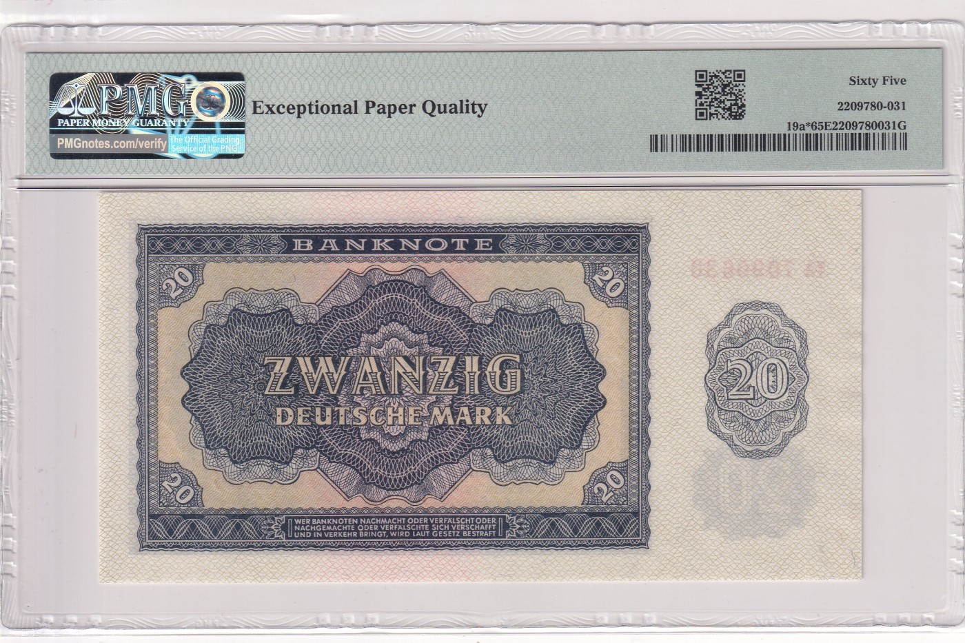 🌗乐淘淘世界纸币拍卖 第32期 🌓 【YA7090630】德国1955年纸币 20马克 稀少补号 PMG65EPQ