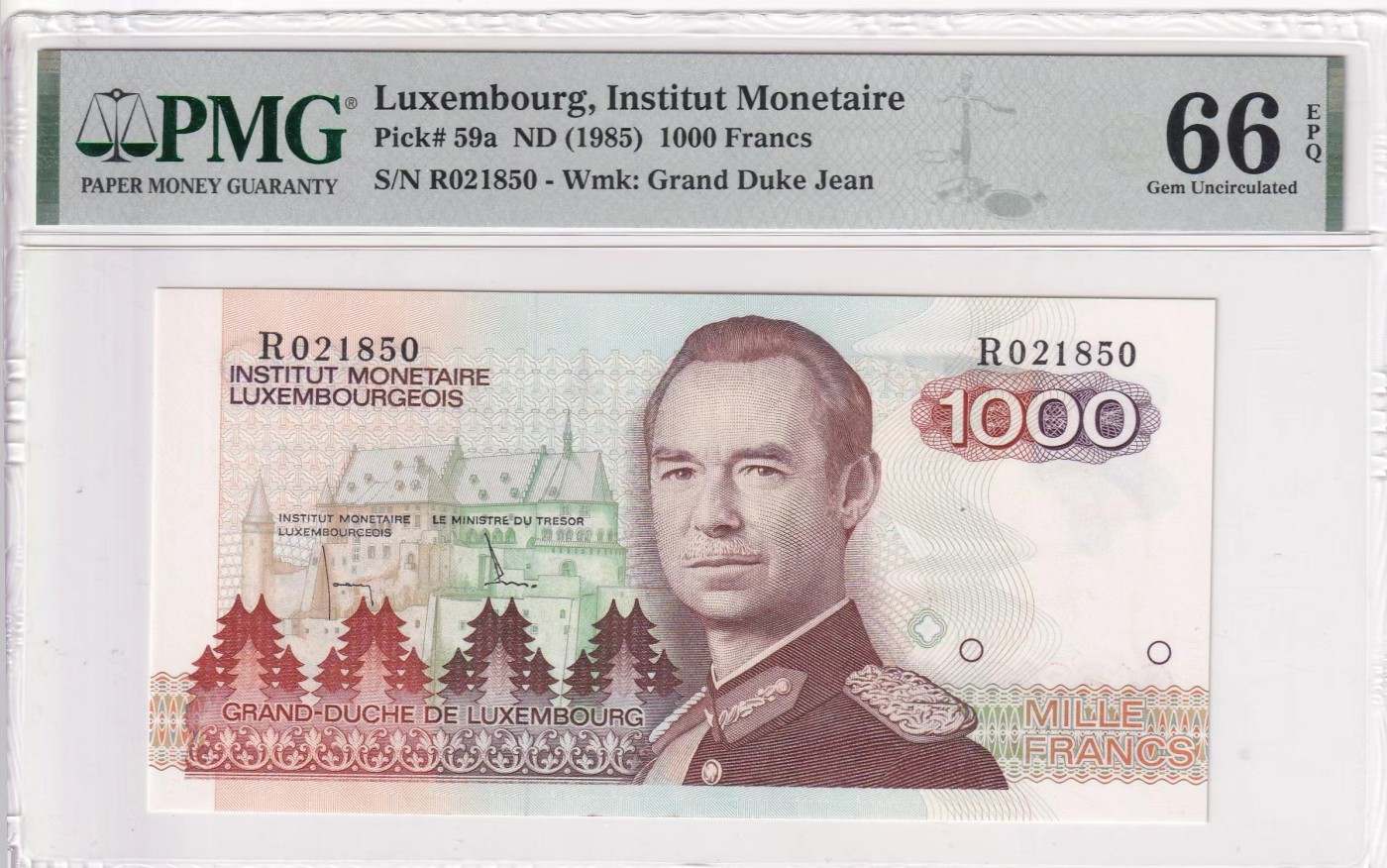 🌗乐淘淘世界纸币拍卖 第32期 🌓 【R021850】卢森堡1985年纸币 1000法郎 R冠 无47 PMG66EPQ