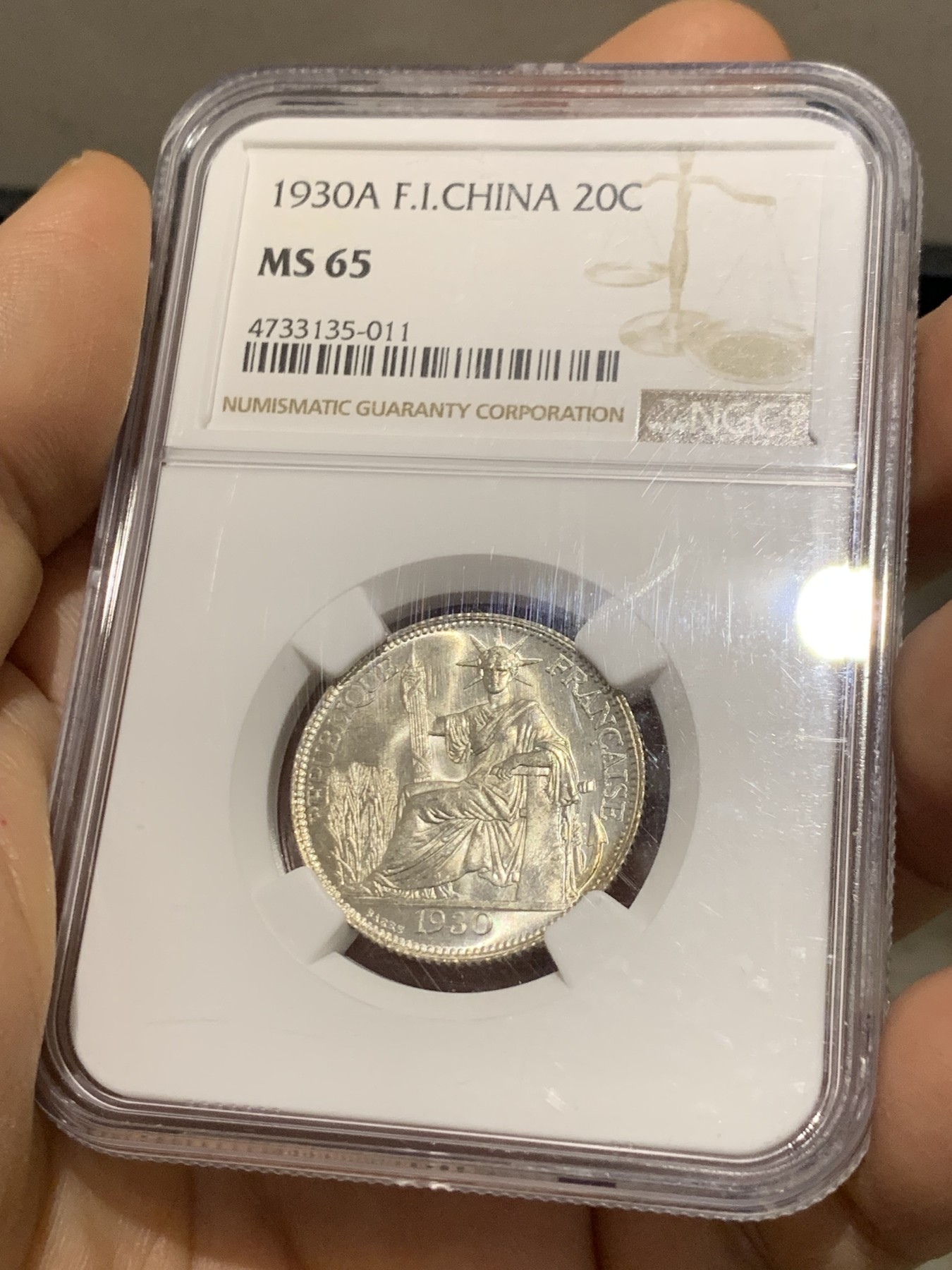 《竞宝斋》第221场-周日，周一 2场 (全场包邮) NGC MS65 原光法属印支1930年坐洋20分银币，少见年份