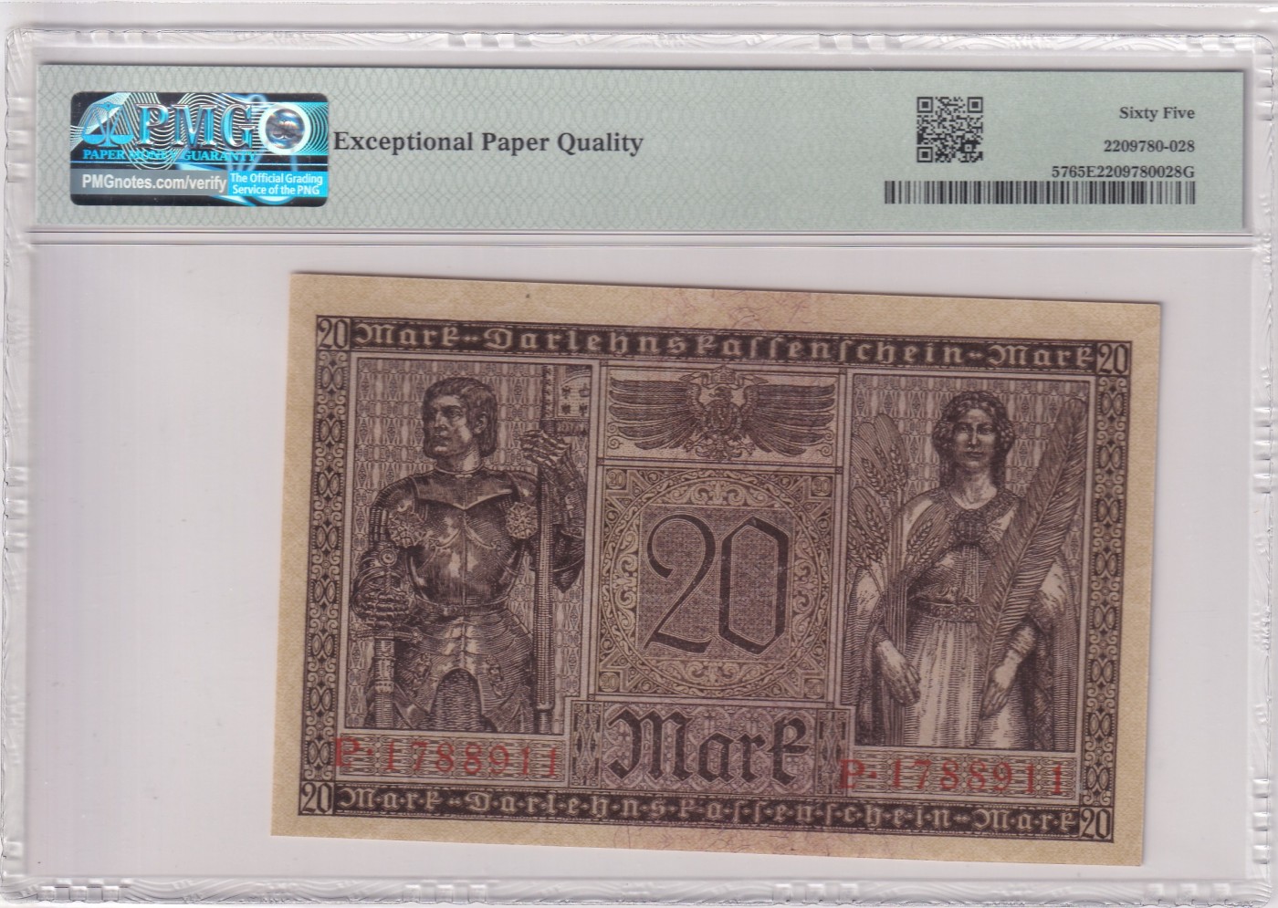 🌗乐淘淘世界纸币拍卖 第32期 🌓 【P1788911】德国1918年纸币 20马克 百年老钞 PMG65EPQ