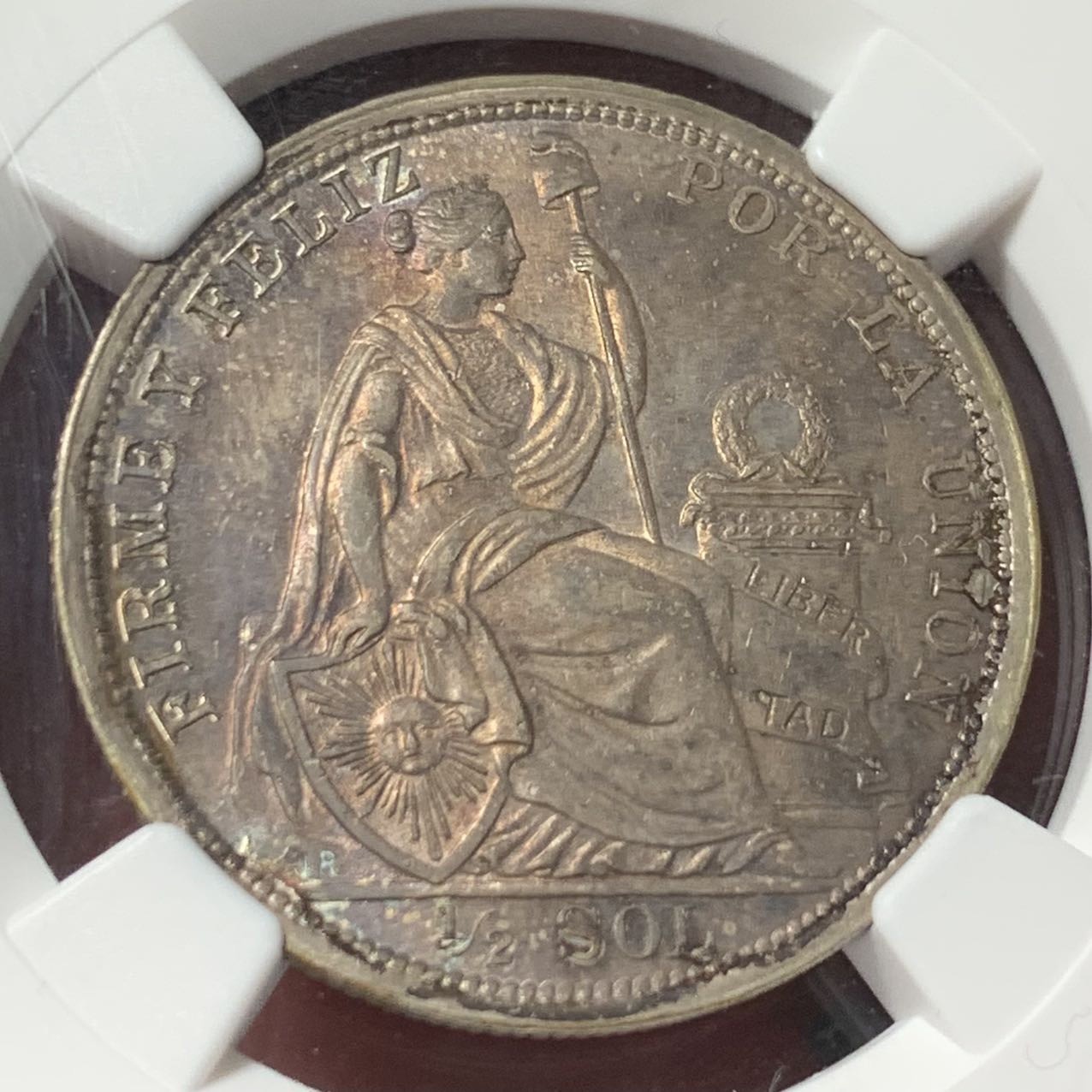 紫瑗钱币——第329期拍卖 秘鲁 1915年 FG JR 坐人 1/2索尔 银币 NGC MS63 重五彩